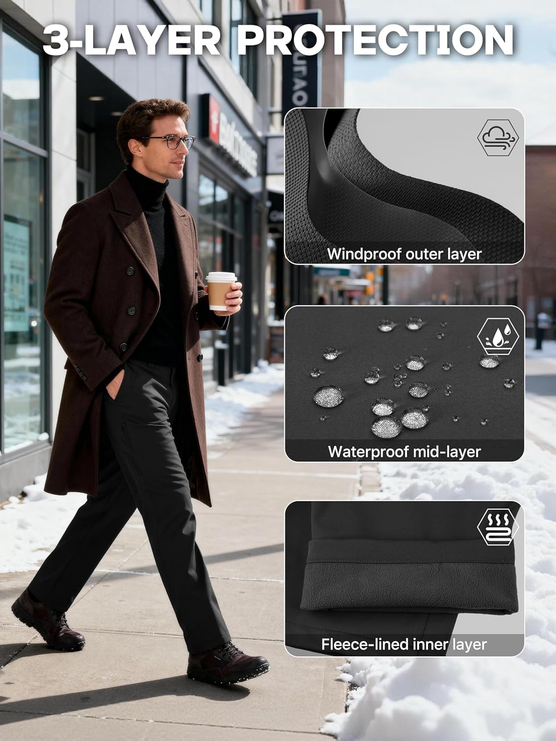 FREE SOLDIER Men's Warm Windproof Winter Fleece Lined Pants Hiking Expandable-Waist Softshell Snow Ski Pants - Image 4