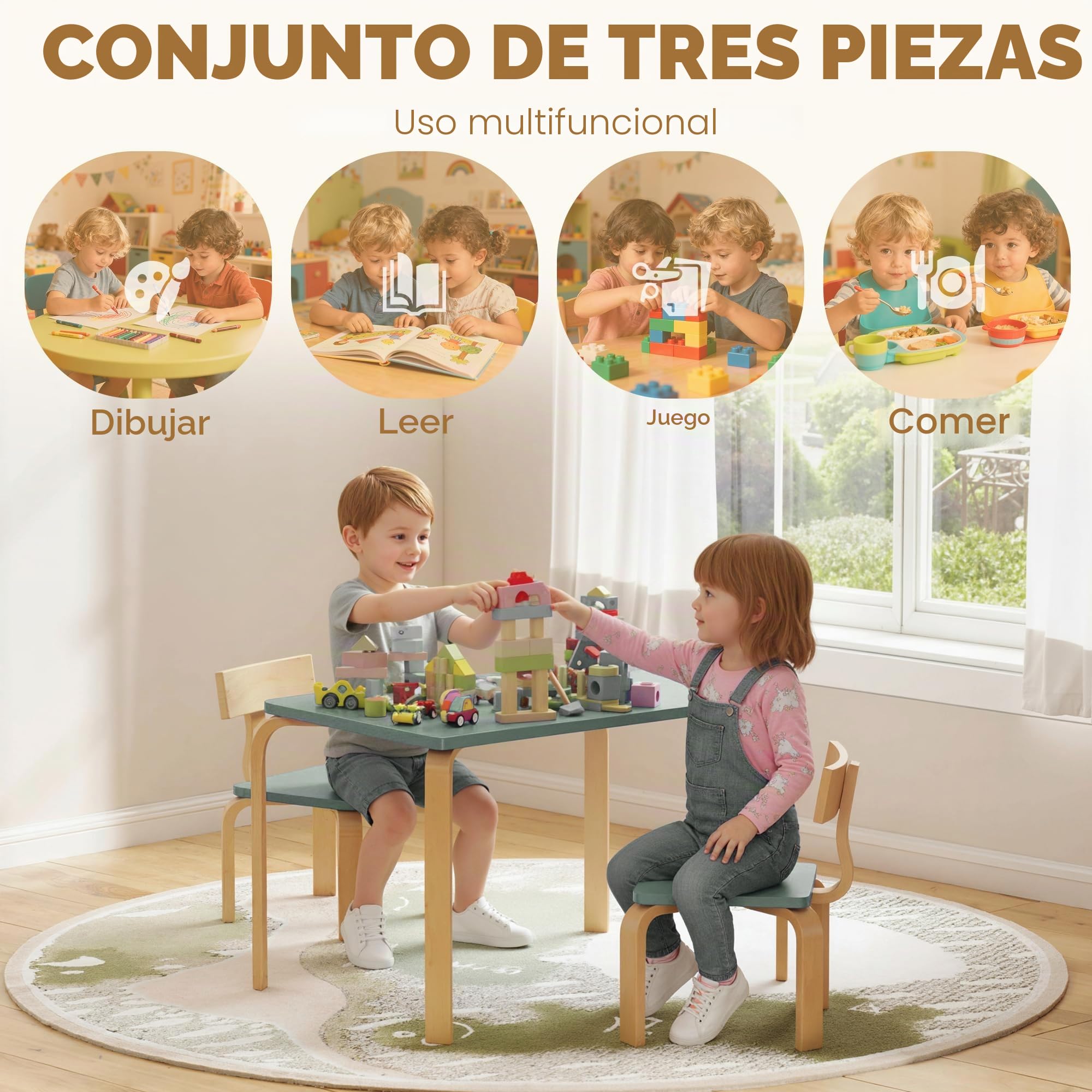 AIYAPLAY Mesa Infantil con Silla, Set de Mesa y 2 sillas de Madera para Dibujar, Jugar, estudiar, Regalo para niñas niños 3-8 años, para Cuarto de Juegos, Dormitorio, guardería, Verde