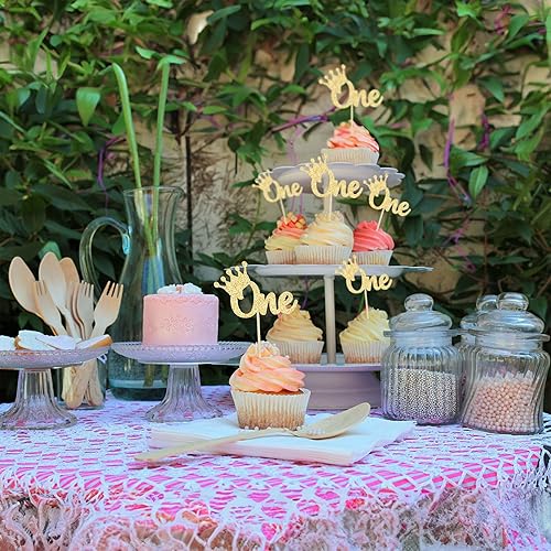 Miniatura 4 de Gyufise 24 piezas de coronas para cupcakes, corona con purpurina dorada y púas de príncipe para el primer cumpleaños, decoración de fiesta de baby