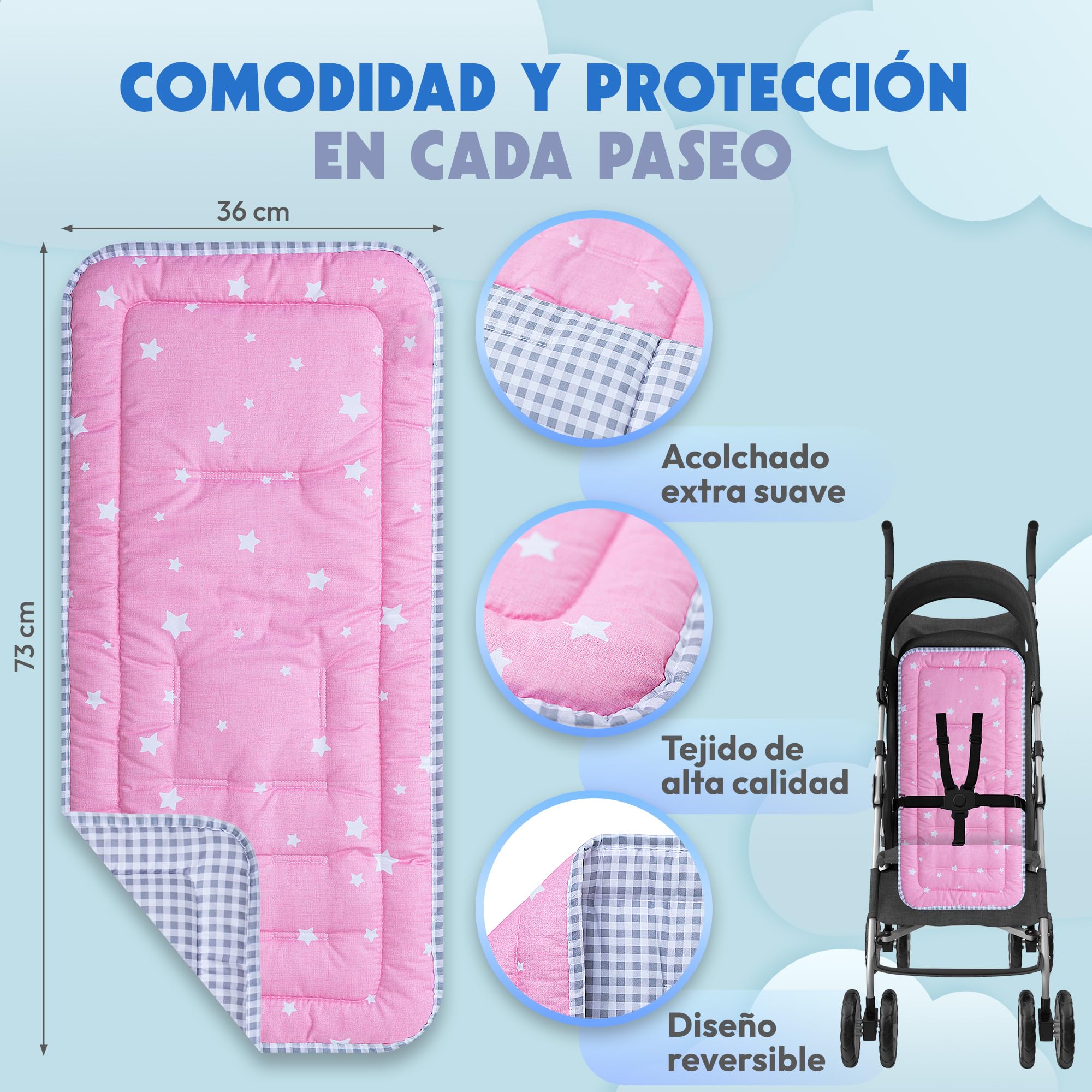 Colchoneta silla paseo universal | Reversible (2 en 1) | Transpirable | Todo el Año | Lavable | Acolchado Mayor Comodidad del Bebé. Compatible mayoría marcas. Fabricado en España (Rosa)