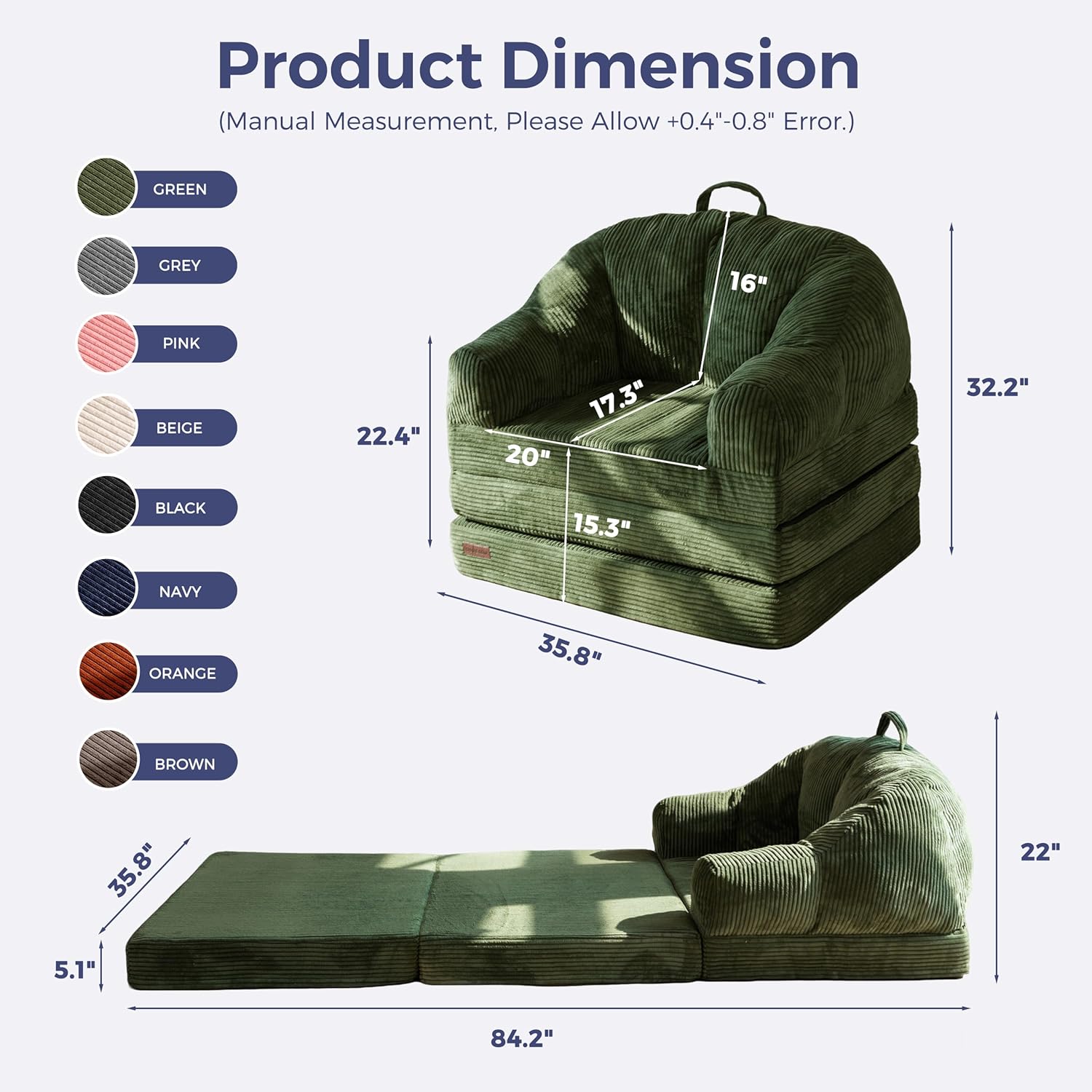 maxyoyo folding sofa bed with backrest, boneless fold out couch bed with handle, 2 in 1 convertible bean bag chair to floor sofa lounger, comfy folding couch for bedroom & living room, dark green large dark green