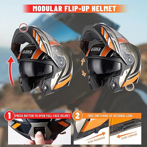 Miniatura 3 de LEM Cascos modulares para motocicleta de fibra de vidrio, casco integral para motocicleta con visera abatible para viajes, certificado DOT, visera
