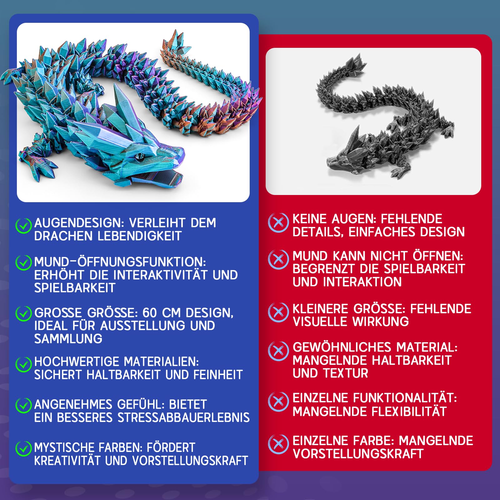 Drago stampato 3D, 60 cm, giocattolo con gli occhi, misteriosi figure di drago realistico, con articolazioni eque, in cristallo, regalo per bambini