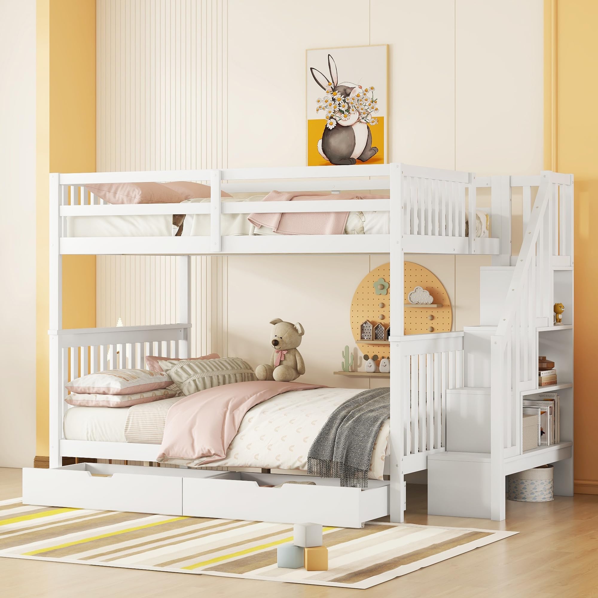 Moimhear Lettino a castello 140 x 200 cm con scala a ripiani, letto a castello in legno massello con scala di sicurezza, due grandi cassetti e rete a doghe (Modello 820)
