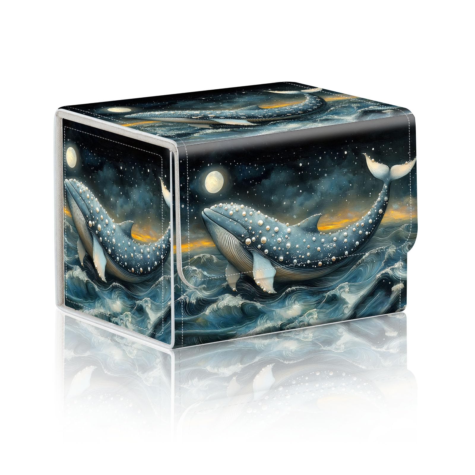 DISUOFEART Trading Card Storage Box, Holds 100+ for MTG Cards, PU Leather with Magnetic Closure, Pearl Whale in Moonlit Ocean Durable Deck Box for Magic the Gathering, Trading Card Games