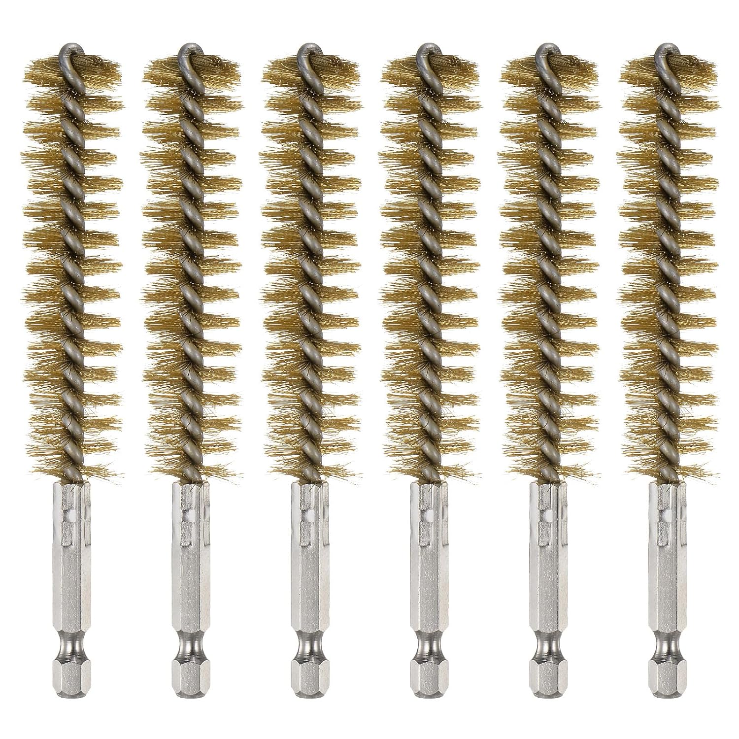 HARFINGTON 6Pcs Brass Bore Brush 18mm Dia 4.5" Long Cleaning Twisted Wire Brush with Handle 1/4" Hex Shank for Tubes Ports Bearings, Yellow