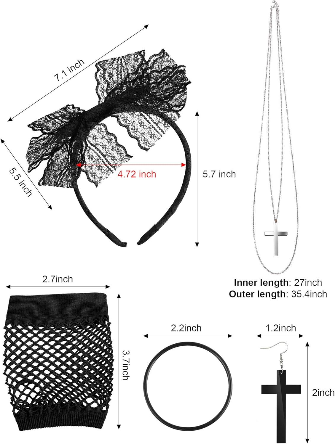 80s Costume Accessories Lace Headband Earrings Fishnet Gloves Necklace Bracelet (Black) : Clothing, Shoes & Jewelry