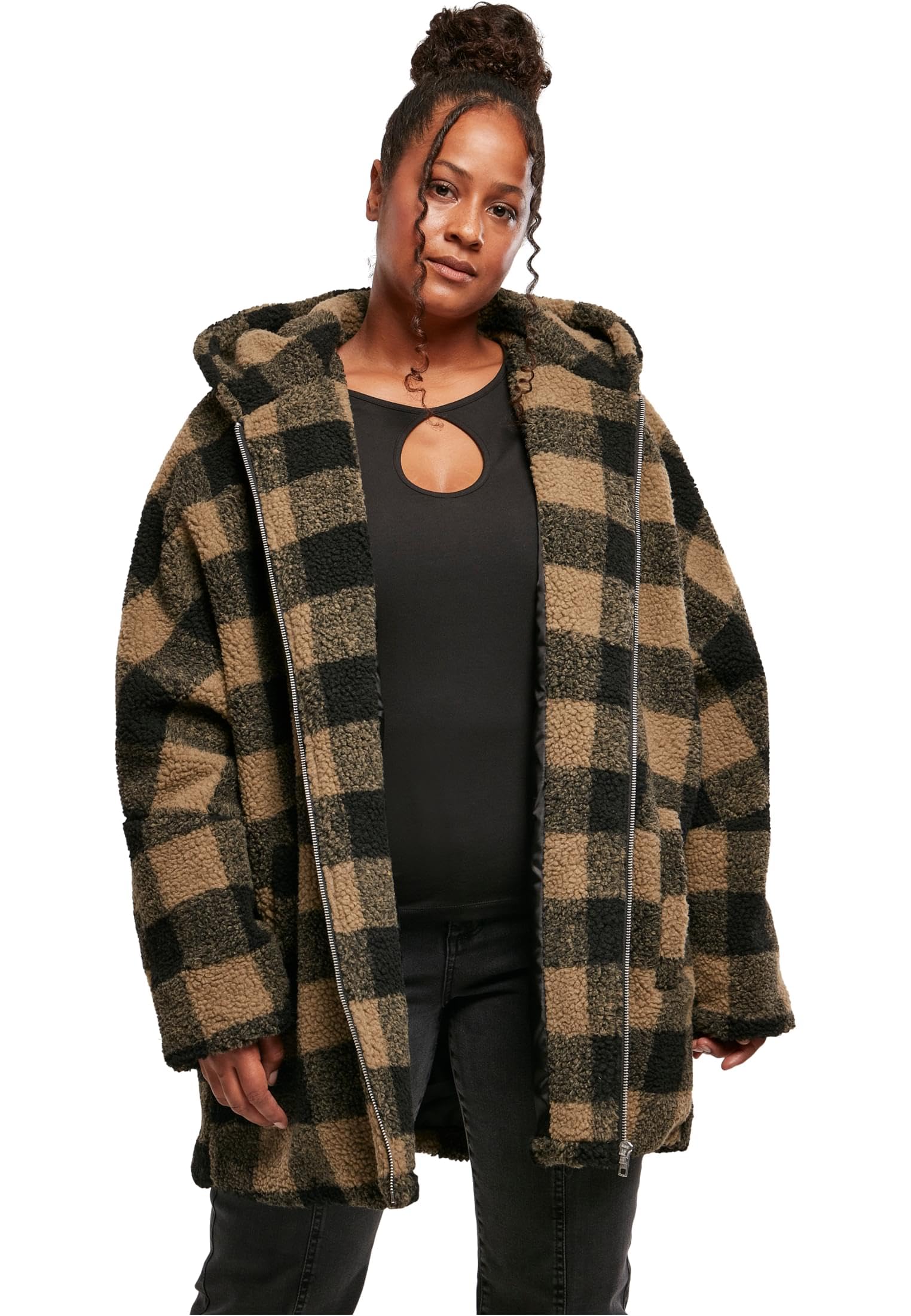 Urban Classics Women's Beige Fleece Hooded Oversized Check Sherpa