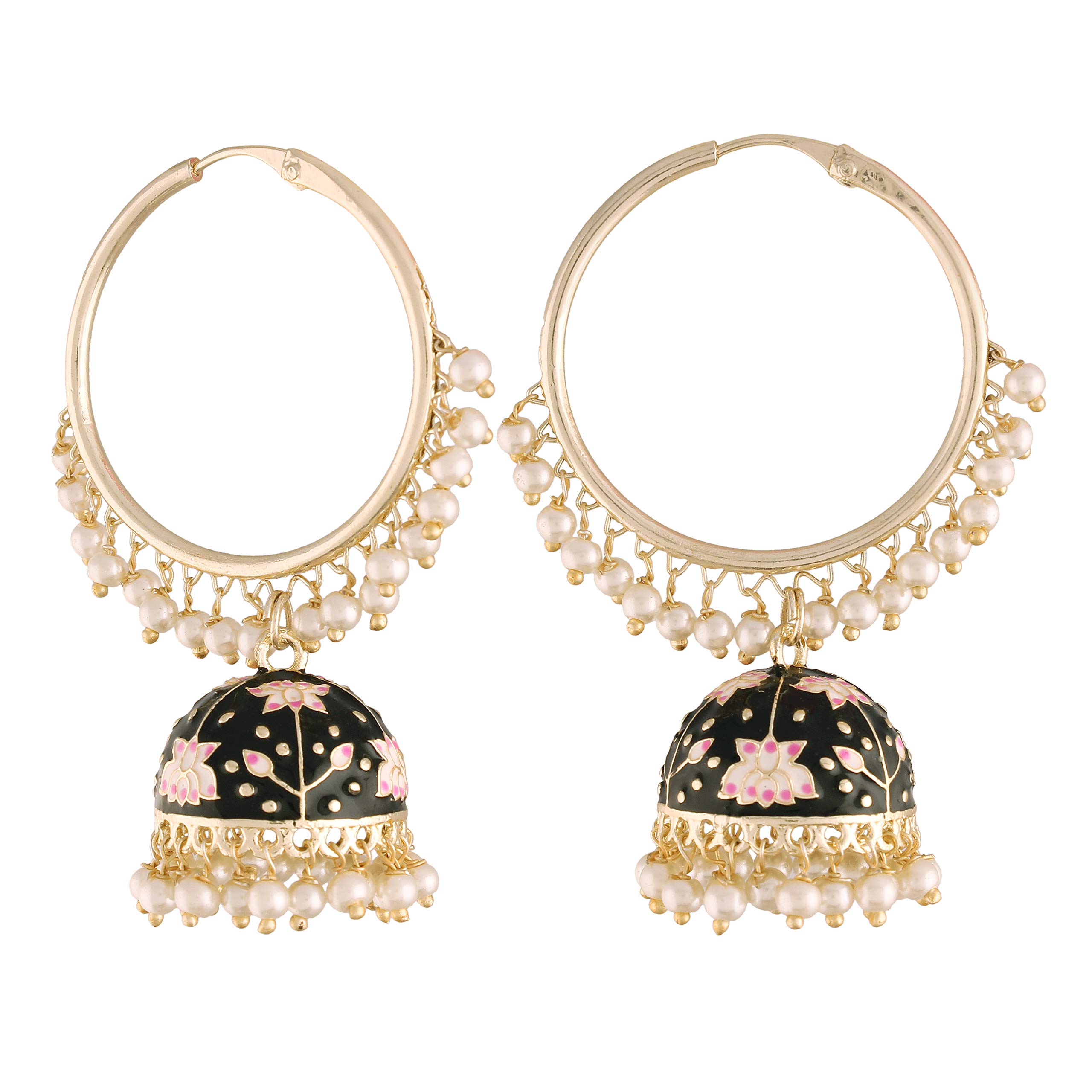 I Jewels 18K Gold Plated Black Meenakari Jhumki Earrings - Image 1