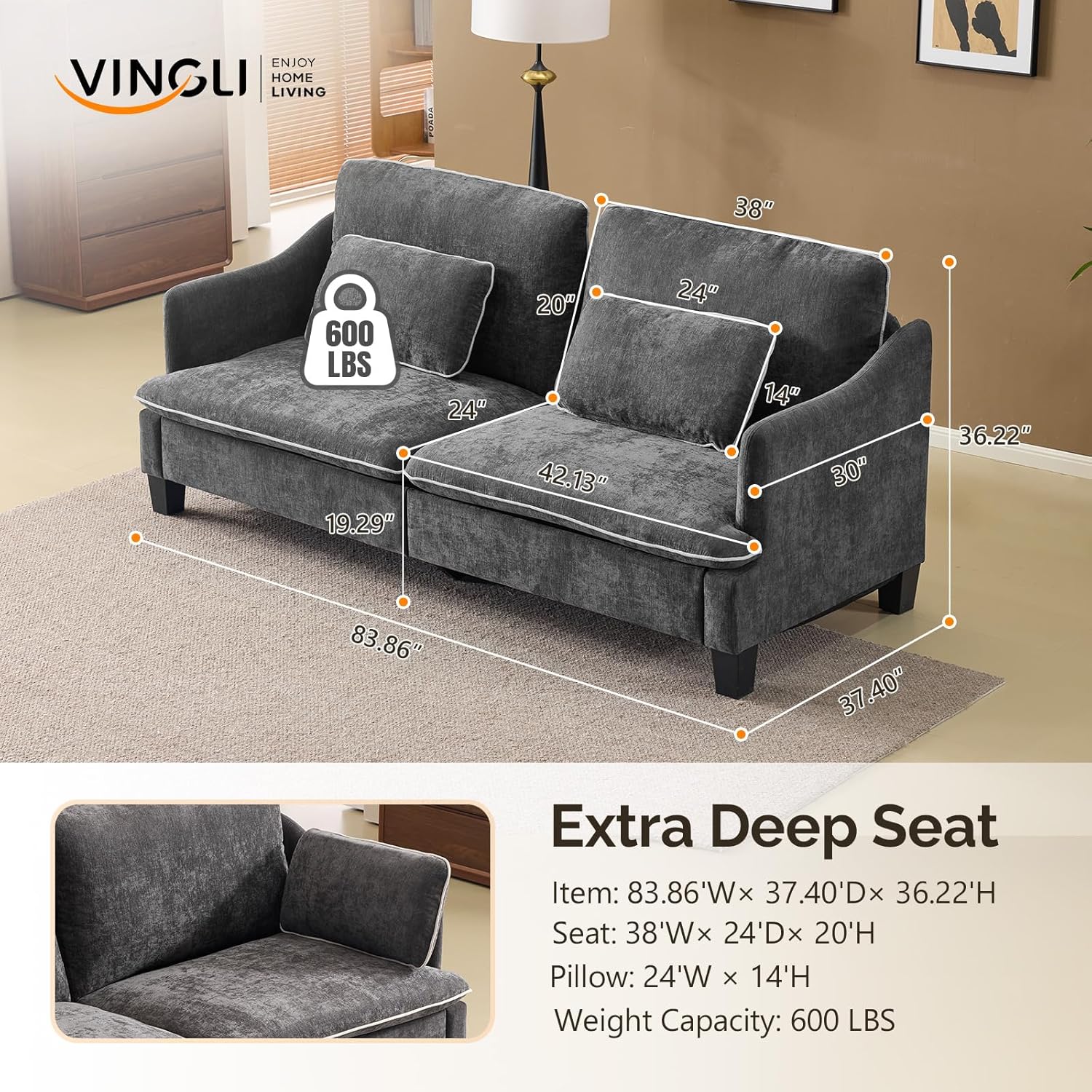 VINGLI 84" Sofa Couch, 3 Seater Extra Deep Seat Upholstered Living Room Couches with 2 Piped Seater Cushions, Throw Pillows, Modern Linen Velvet Fabric Sofa for Apartment, Bedroom, Office