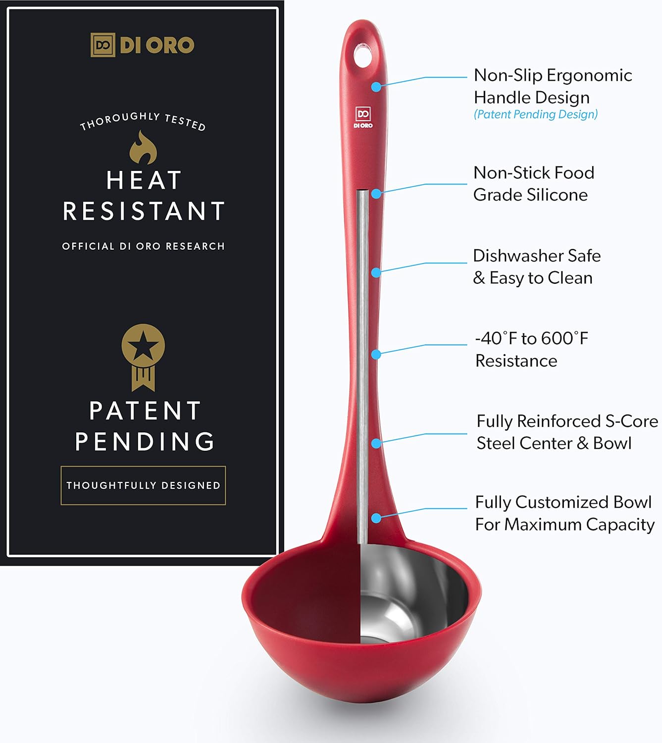 New DI ORO Seamless Series Silicone Kitchen Soup Ladle – 600°F Heat-Resistant Serving and Rubber Cooking Spoon – Maximum Bowl Capacity – Dishwasher Safe with a Heavy-Duty Stainless-Steel Core (Red): Home & Kitchen