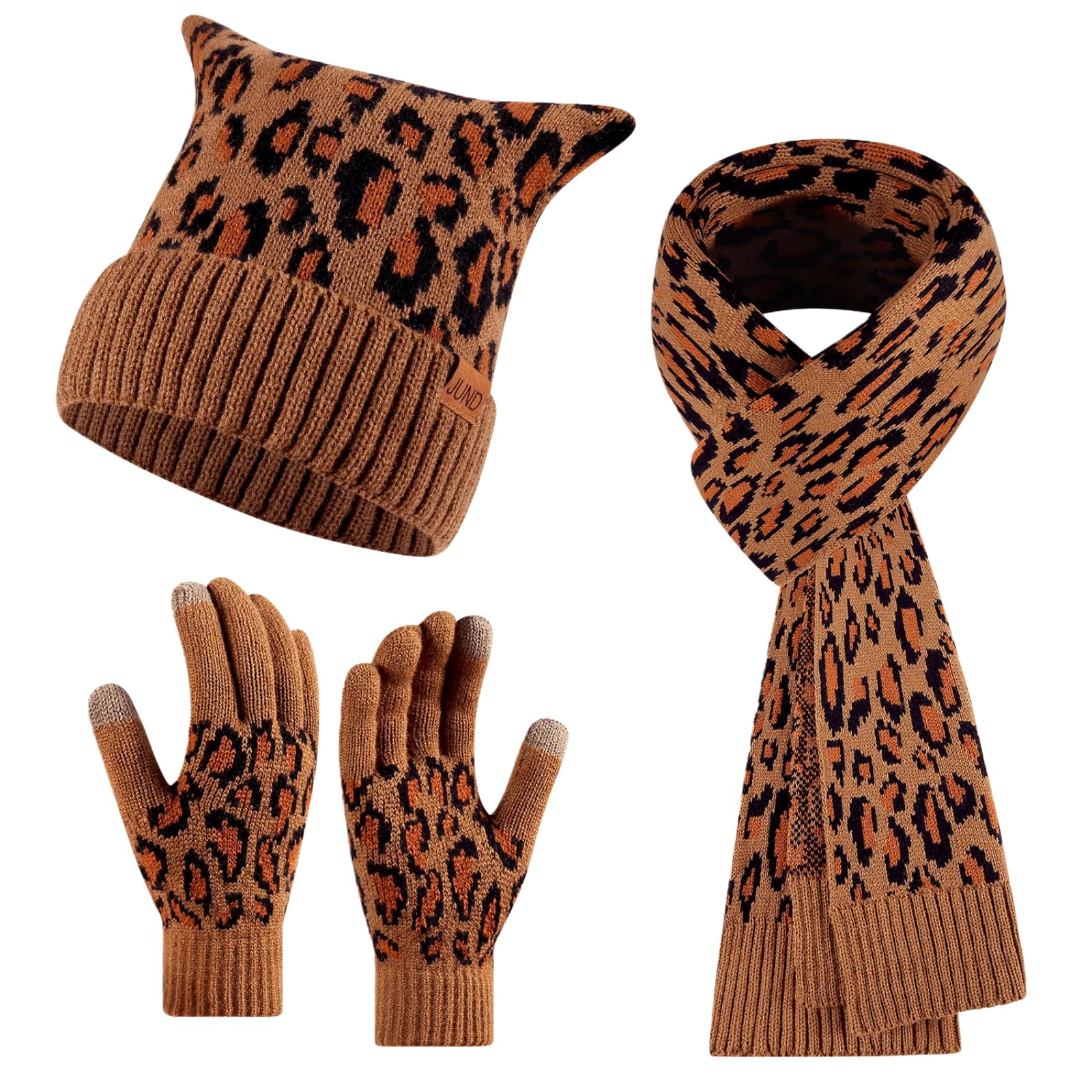 Winter women's leopard print scarf, hat, gloves three piece set