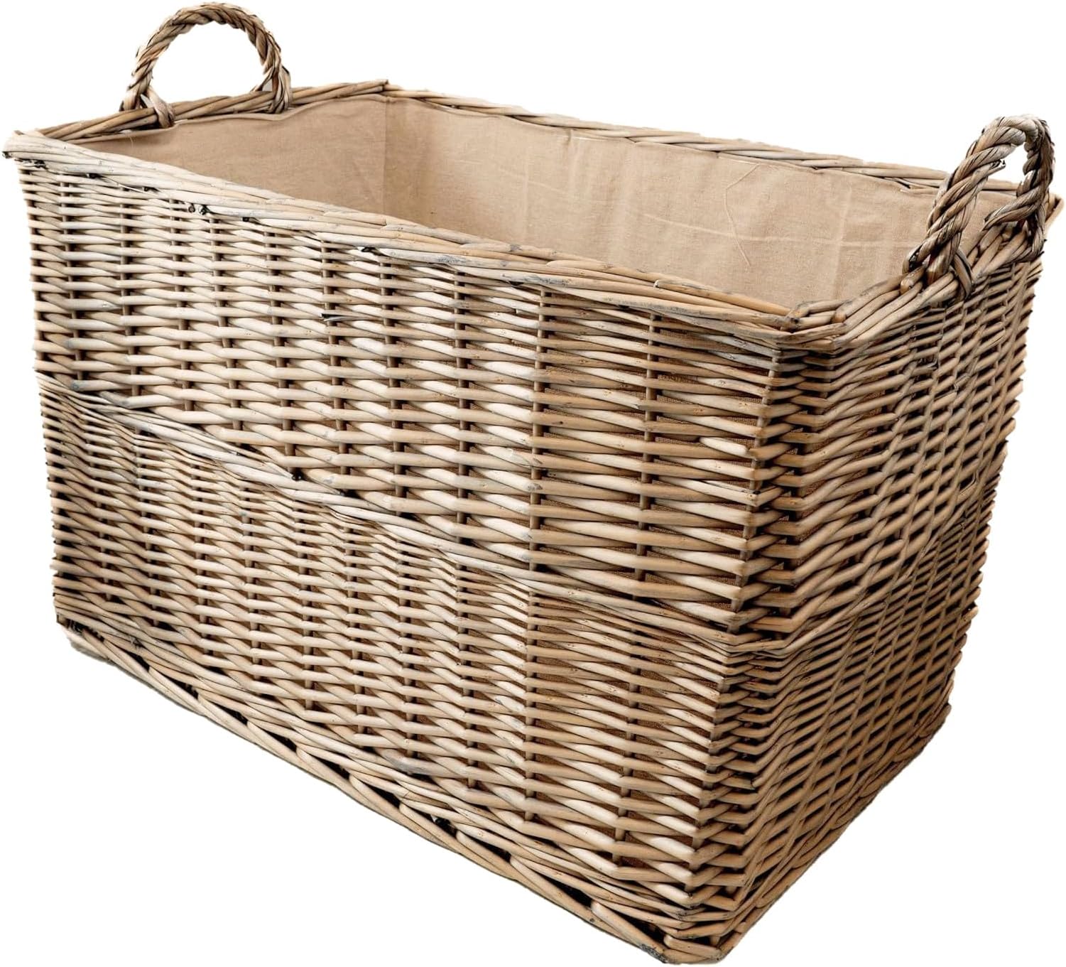 Arthur Cameron Wicker Log Basket with Lining and Handles (68x46x42cm) Large Sturdy Storage Basket perfect for Toys, blankets, hallway, garage, living room, bedroom or office