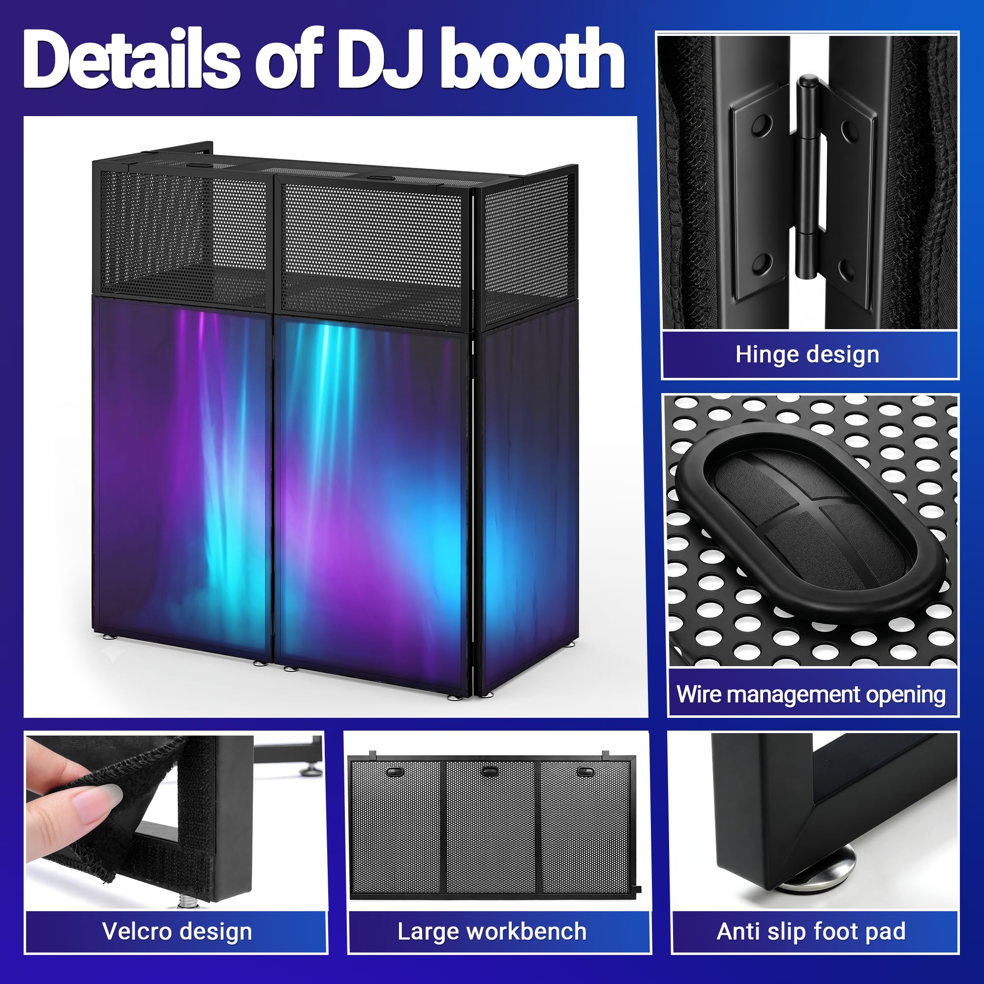Tragbare DJ-Kabine, faltbar, 108 x 51 x 115 cm, zweilagiges DJ-Schreibtischsystem, Schwarz-Weiß-Scrims, Kabelmanagement-Loch, DJ-Ständer mit verstellbaren Füßen, Tragetasche, DJ-Decks für Hochzeiten
