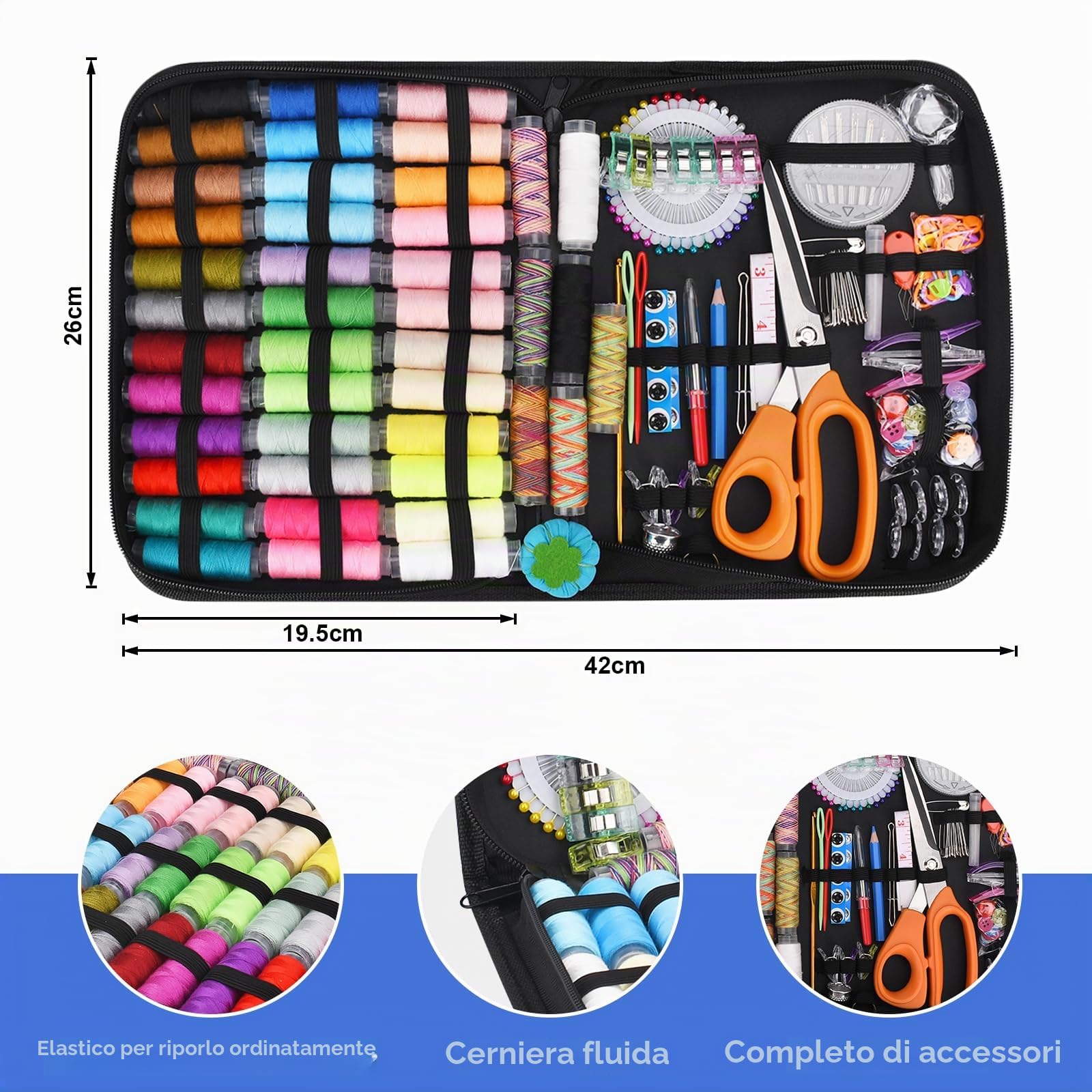 TOPSEAS Set da cucito con 365 accessori da cucito, forbici, filo, bobine di filo, metro a nastro per adulti, principianti, viaggi e situazioni di emergenza