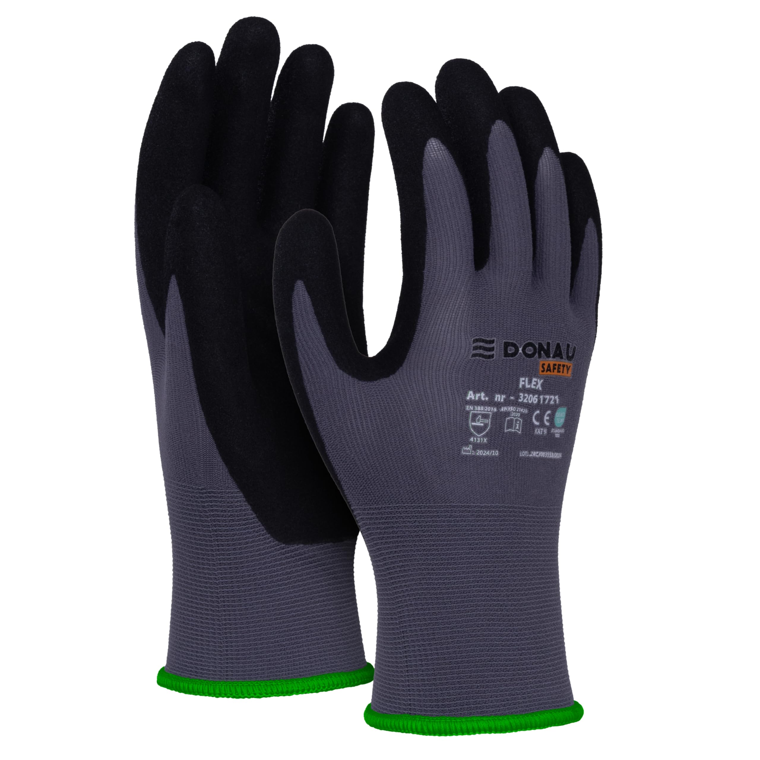DONAU SAFETY Flex Handschuhe Arbeitshandschuhe/Größe 11/XXL, 1 Paar/Grau-Schwarz/Mechaniker Montagehandschuhe/Nitril beschichtet Leicht Ölbestandig, Nylon Schutzshandschuhe für Arbeit Auto Baumarkt