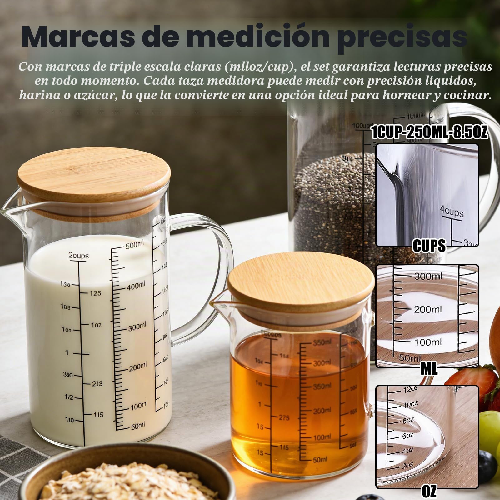 Juego de 3 vasos medidores de cristal con tapa, mango, 350 ml, 500 ml, 1000 ml, tazas de medición de vidrio de borosilicato, resistentes al calor, con escala precisa para cocina y hornear