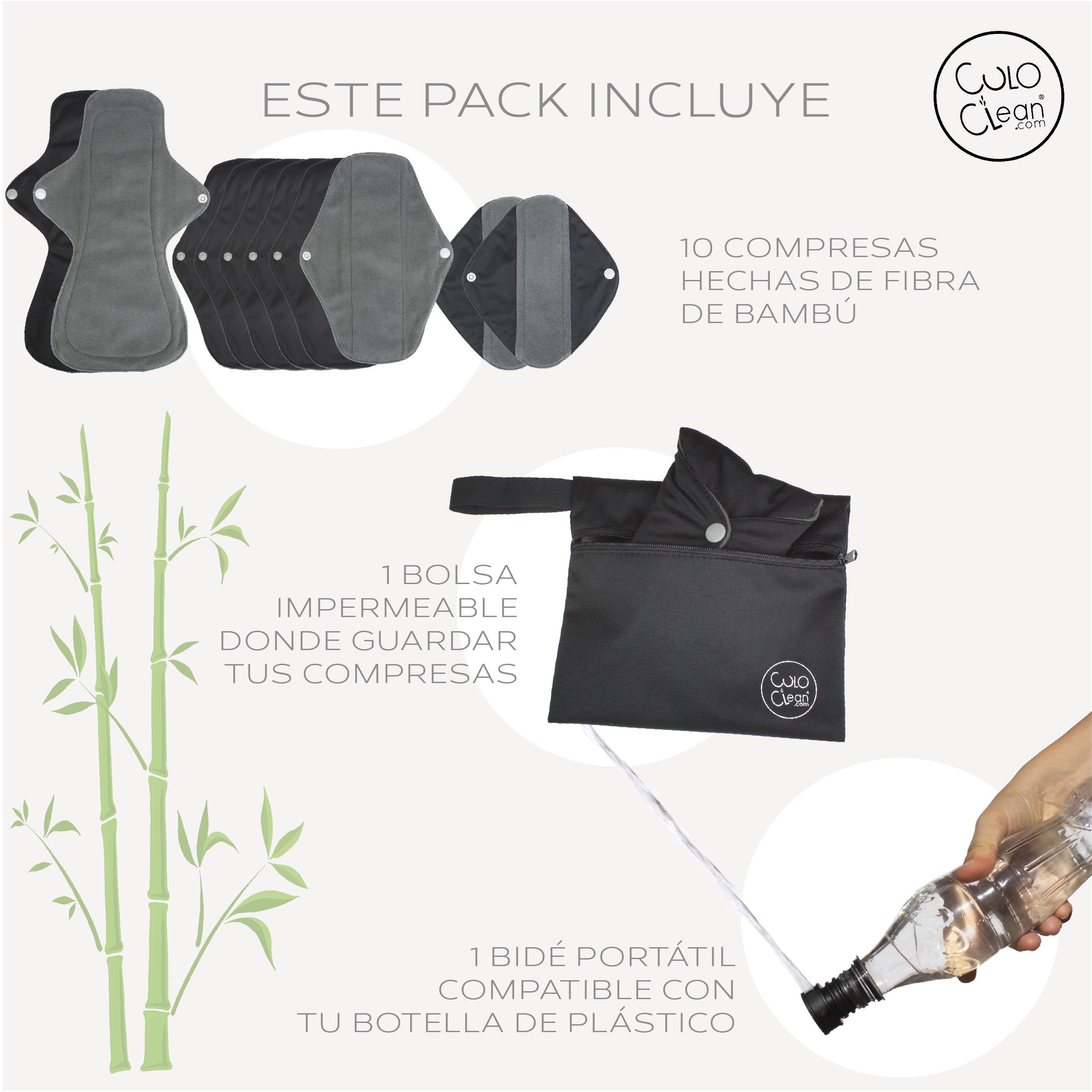 CuloClean 10pcs (2S+6M+2L) Compresas Menstruales y Postparto Reutilizables de fibra de bambú. Pack ecológico, de tela transpirable e impermeable + bolsa + bidet portátil