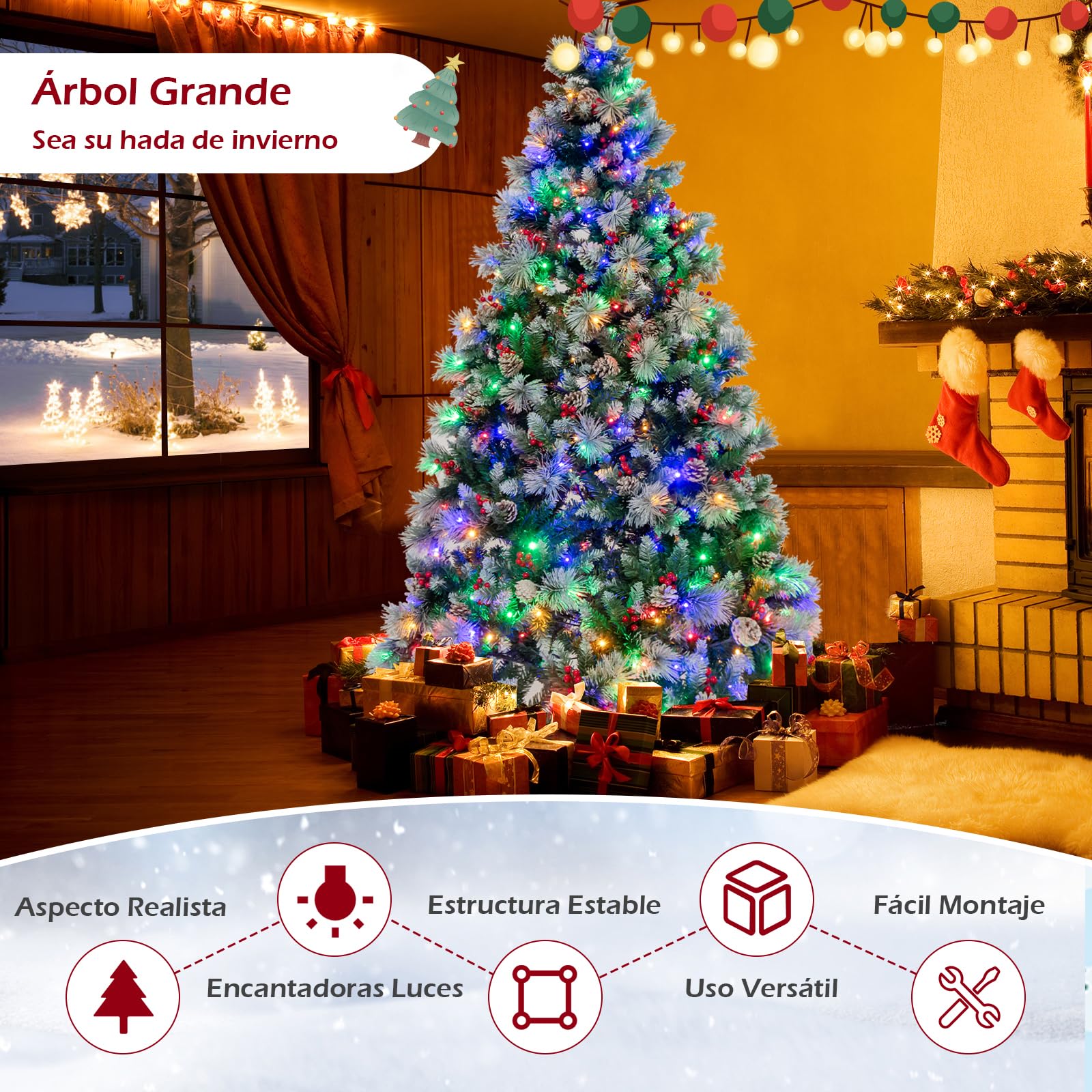 COSTWAY Arbol de Navidad con Luces Incorporadas 215cm, Agujas de Pino, 70 Conos de Piña y 70 Bayas Rojas, 400 Luces LED, 11Modos, 1116 Puntas de PVC, Arvore de Natal w/Light