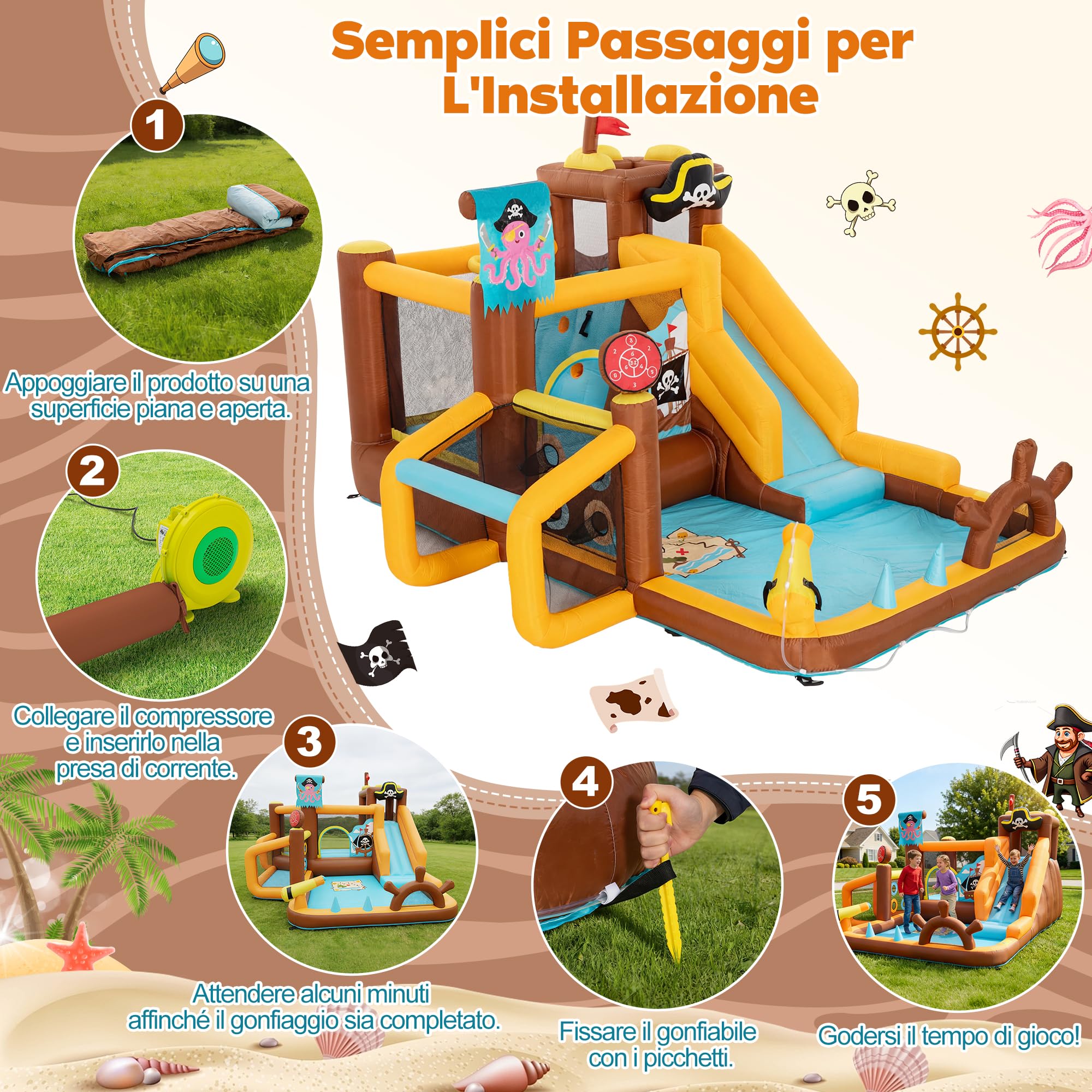 UEV Parco Gonfiabile 394x326x243cm con Unica Tema Navi Pirata | Castelli Gonfiabili con 8-in-1 Giochi per 4 Bambini in 3-8 Anni, Parco Giochi con Soffiatore 450W per Interno ed Esterno