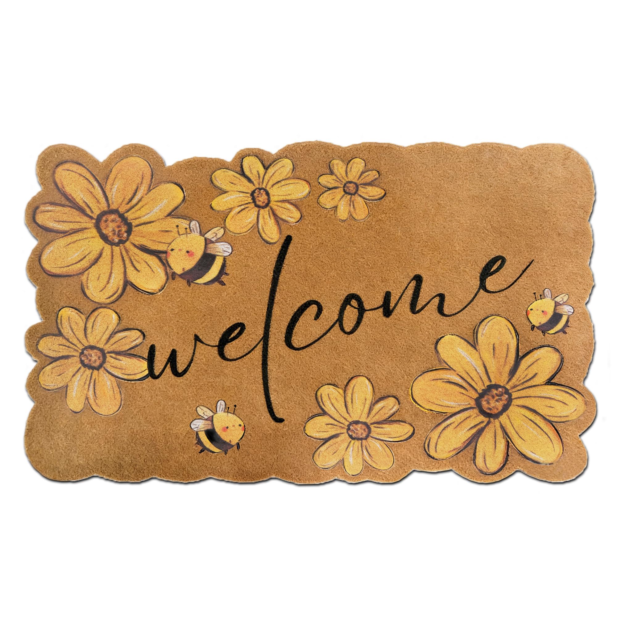 Spring Sunflower Coco Coir Welcome Doormat, 17"x30" Cute Floral Scalloped Rugs for Floor,Heavy Duty Non-Slip Backing Door Mat, Indoor Outdoor Decorative Entrance Mat for Front Door Porch Home Decor
