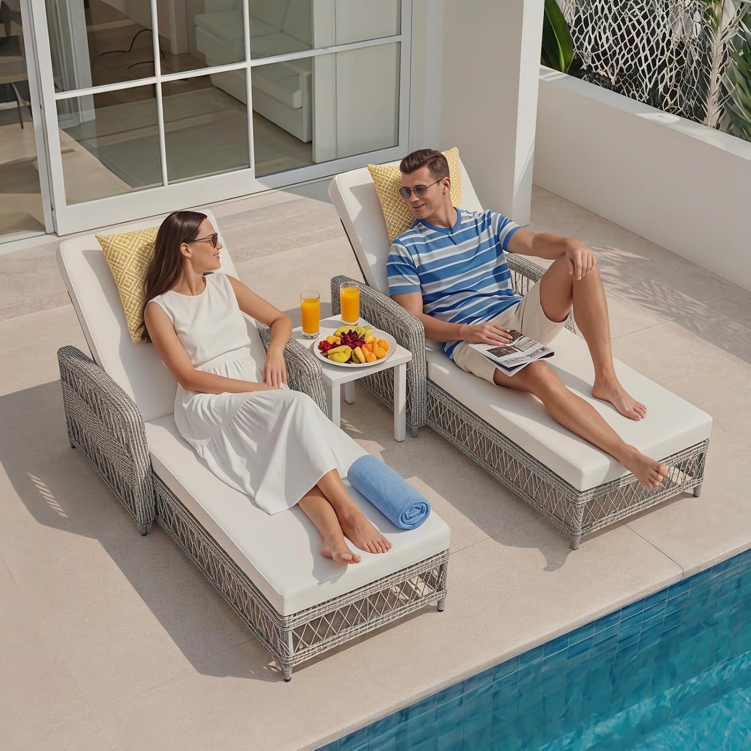 SoarFlash Wicker Chaise Lounge Set of 2, Outdoor Patio Lounge Chair with Adjustable Backrest, Side Shelf and Cushions for Poolside, Garden, Yard, Beige