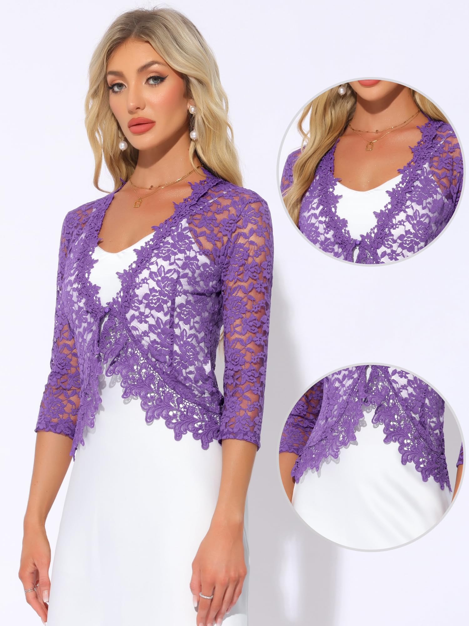 Allegra K Boléro en dentelle florale pour femme manches 3/4 formelle élégante Boléro Cardigan