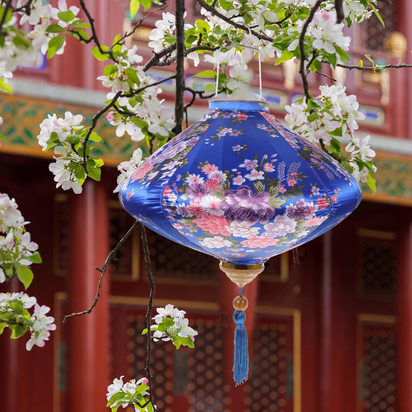 Laeacco Fotohintergrund Im Chinesischen Stil Mit Blauer Laterne & Roten Blumen – Happy New Year 2022 Für Kreative Porträtaufnahmen
