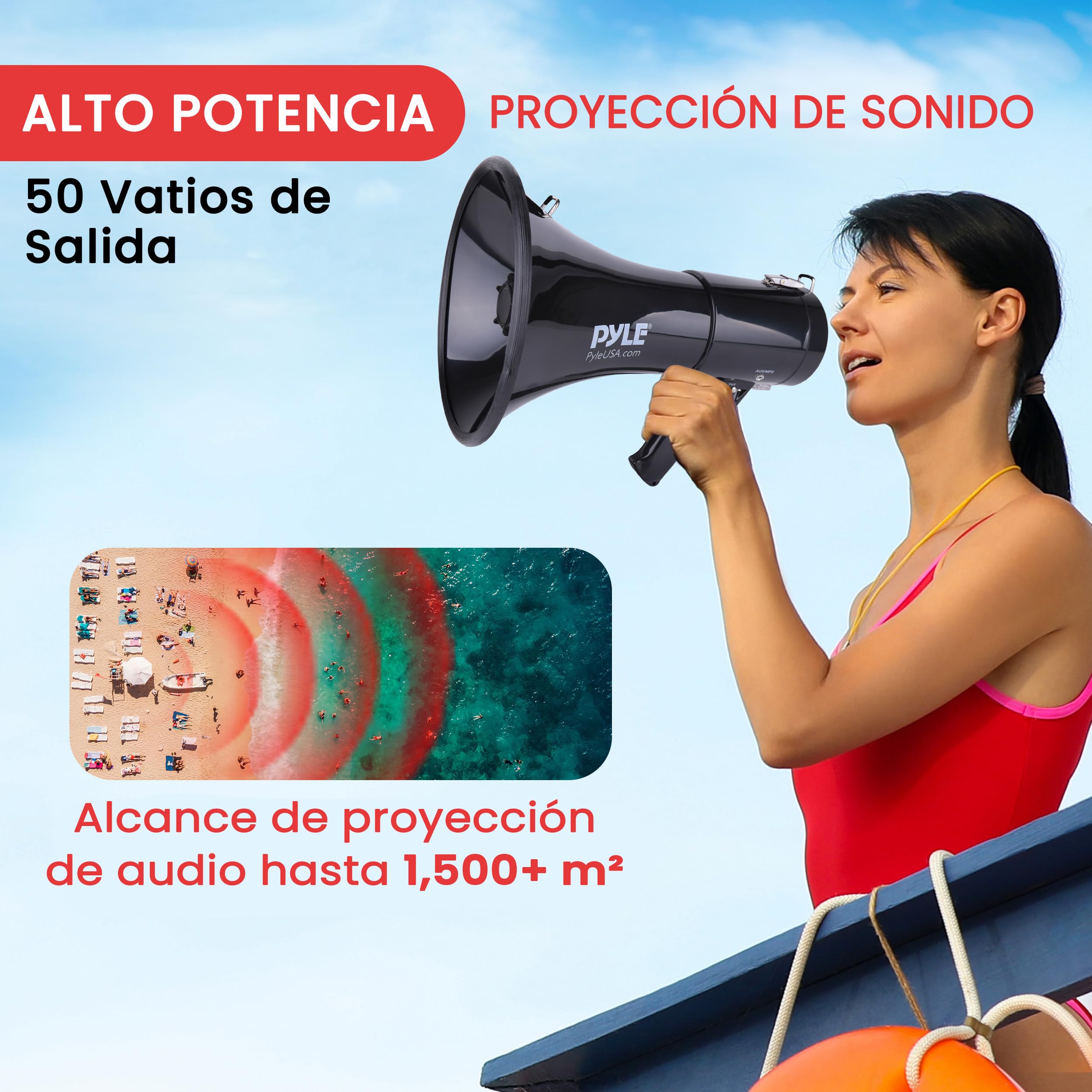 Pyle Megafono Portatil 50V Sirena Control de Volumen