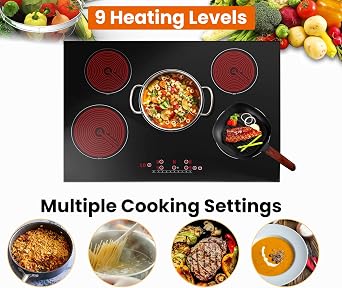 Electric Cooktop 30 inch Ceramic Stove, 5 Burners Electric Stove Top Touch Control Glass Top Stove with 9 Heating Level, Timer & Kid Safety Lock 7600W 220-240V