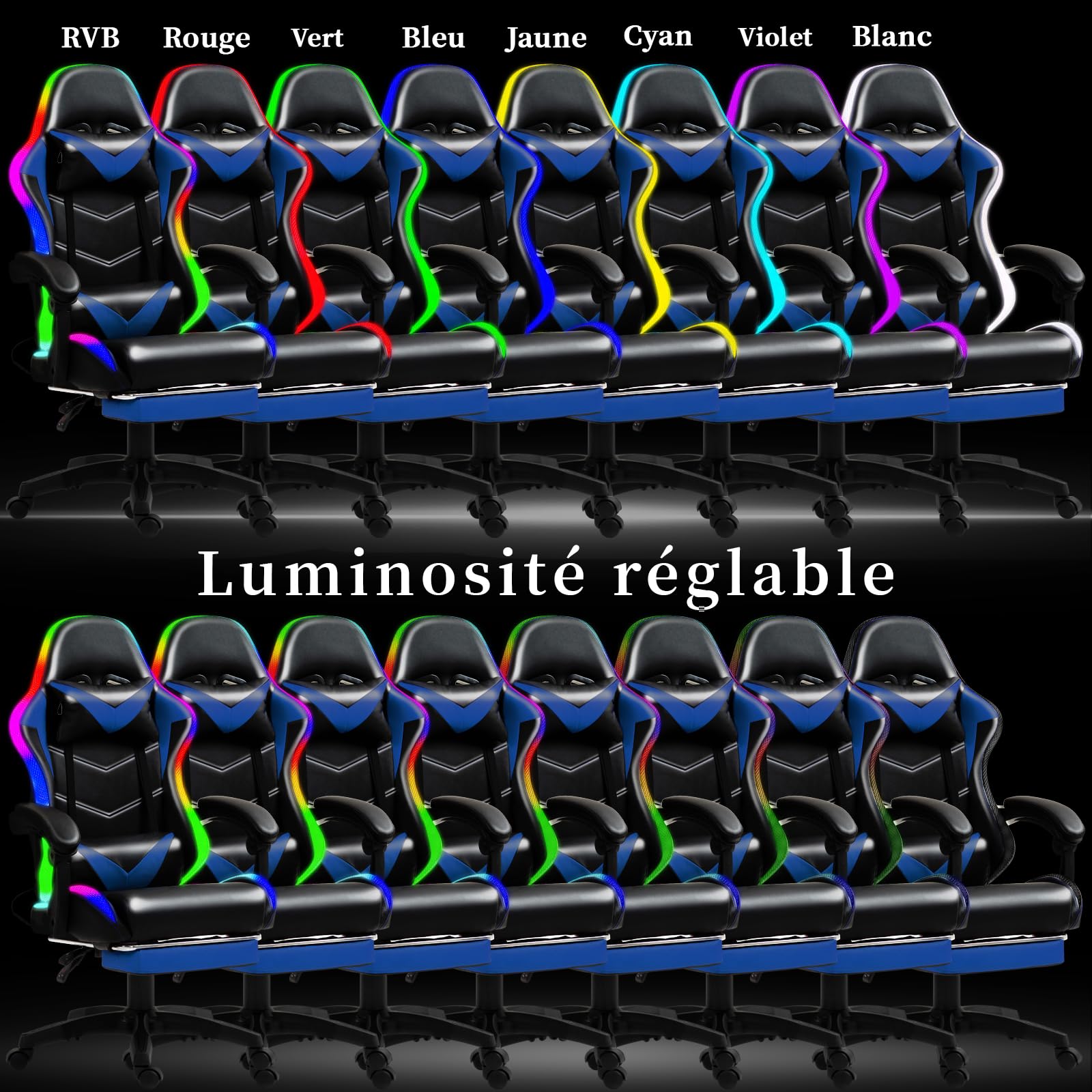 Czlolo Chaise Gaming Ergonomique avec Coussin Lombaire massant, LED RGB Réglage Complet Dossier & Hauteur & Repose-Pieds – Fauteuil Confort – Bleu