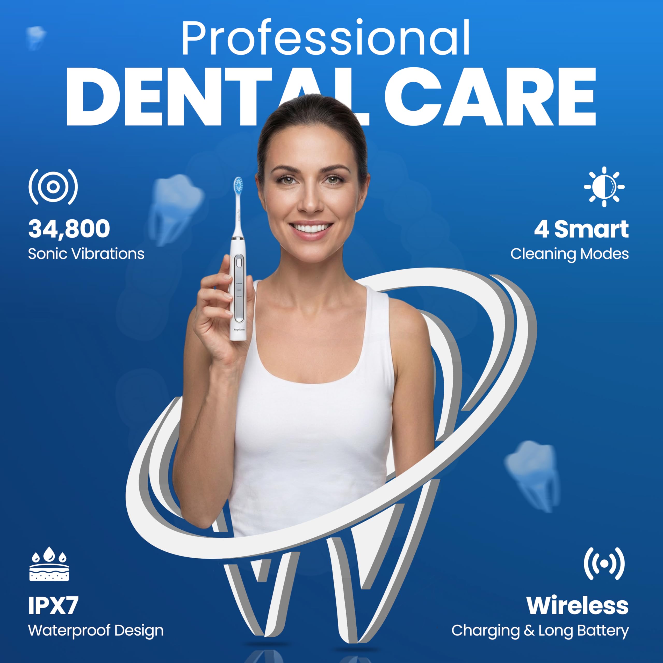 Puur Smile Spazzolino elettrico Lumi a LED, 2 testine (LED blu) per adulti, 4 modalità di pulizia con timer intelligente, impermeabile IPX7, batteria a lunga durata e base di ricarica wireless (bianco