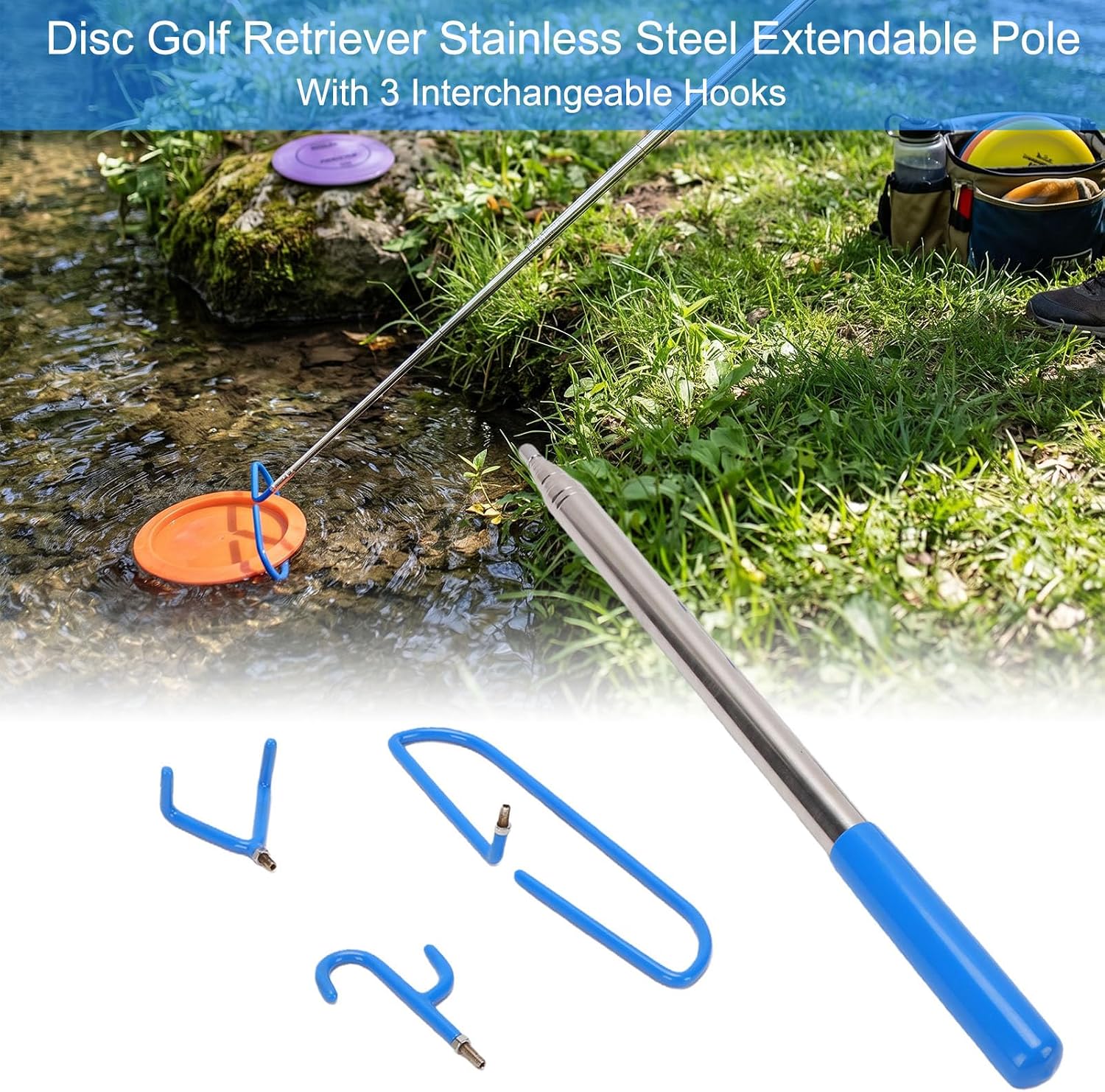 Disc Golf Retriever Pole Telescoping Accessories 16 ft Stainless Steel Disc Grabber Extendable Pickup Tool with 3 Interchangeable Rubber Coated Hooks for Water Tree