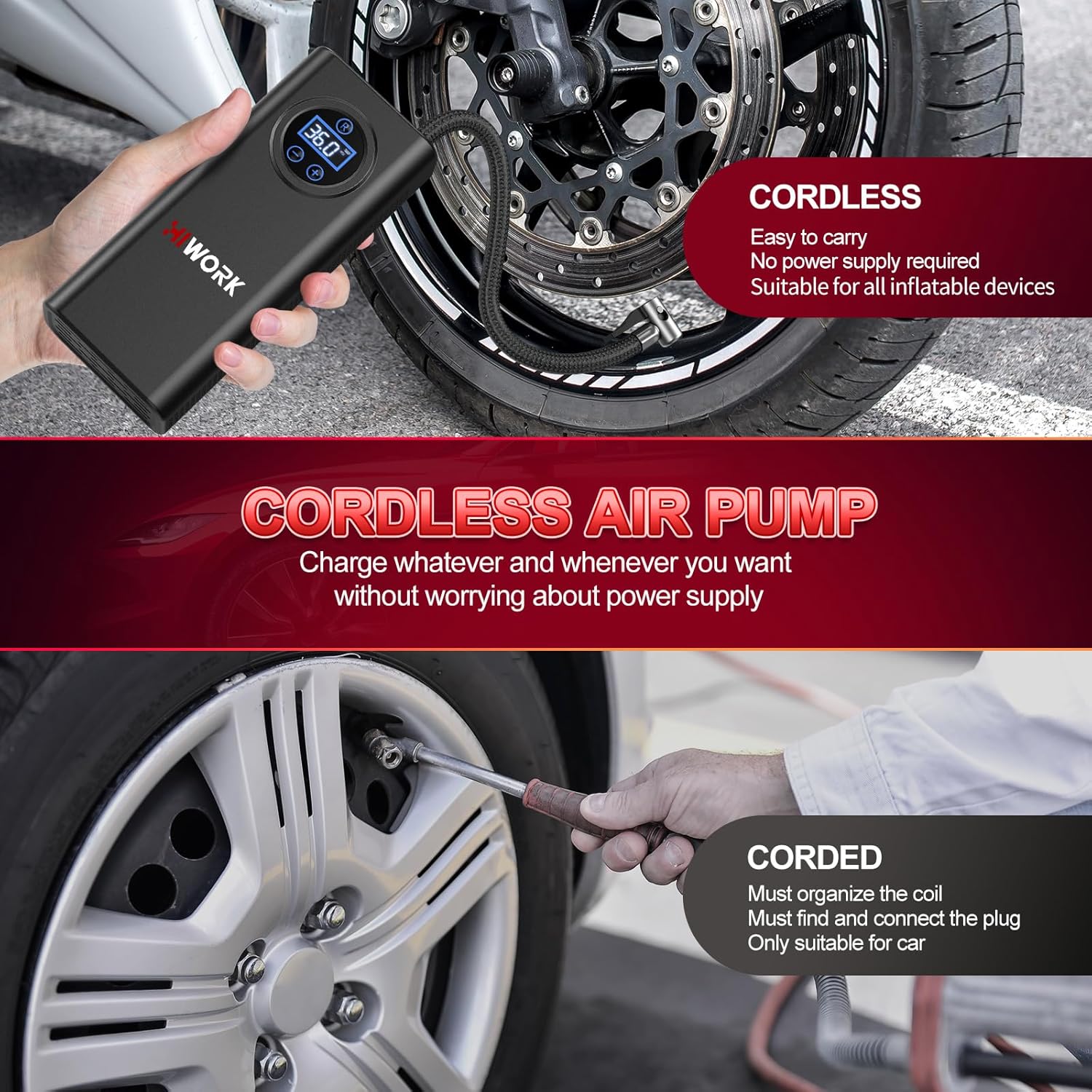 Air Compressor, Tire Inflator Portable Air Pump 150 PSI for Car Tires Bikes Balls Balloons and Other Inflatables with Digital Gauge Cordless Electric Inflator Rechargeable 4000 mAh Battery