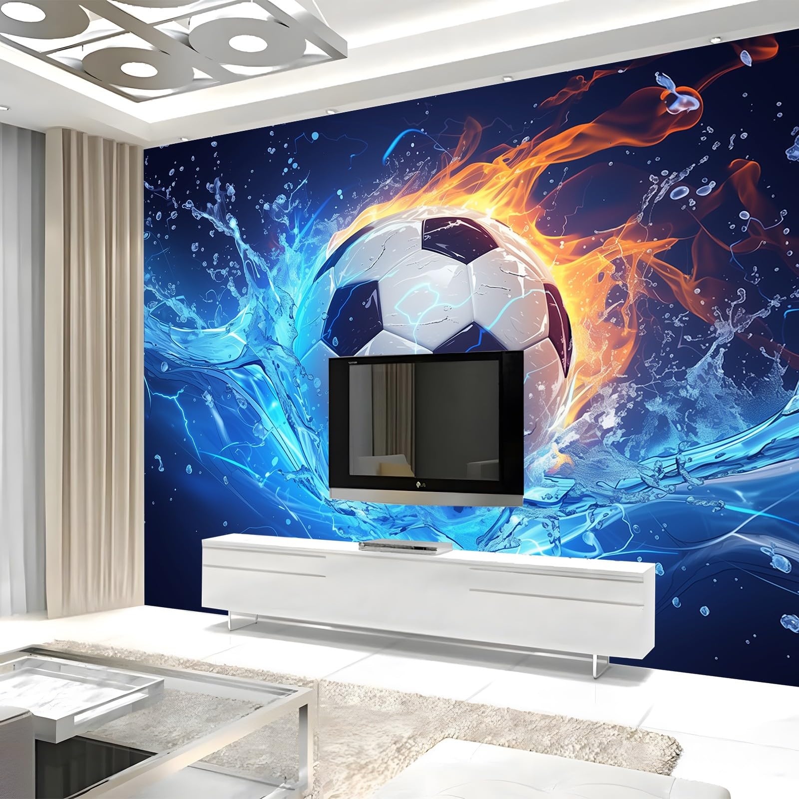 Tapete 3D Fototapete Wasser-Feuer-Fußball 250x175 cm Vliestapete Wandtapete Wandbilder 3D Druck Foto Tapeten für Wohnzimmer Schlafzimmer Vlies Tapete Motivtapeten