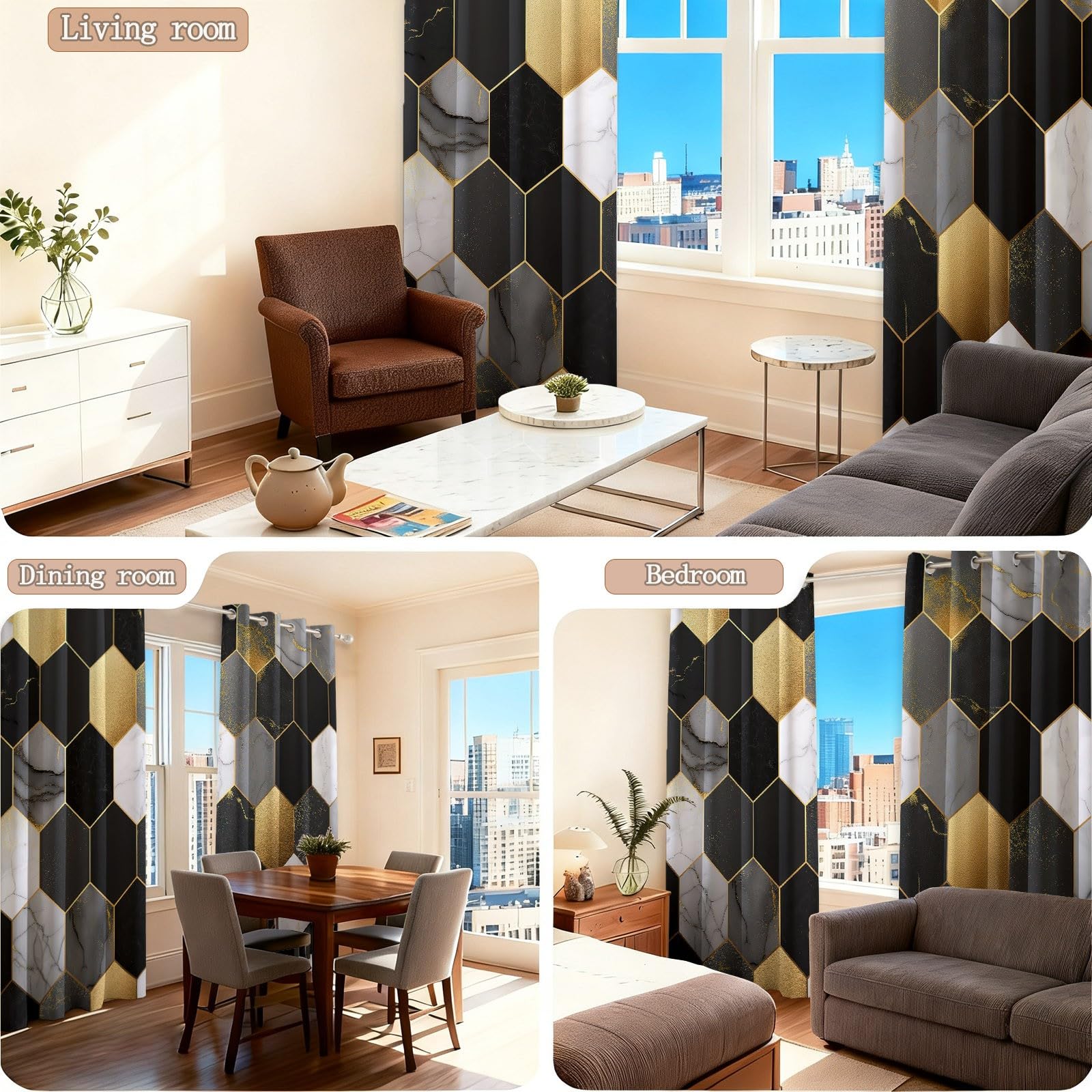 Nordique Abstrait Rideau Occultant, Géométrie Texture Marbrée Carrelage Rideaux, Thermique Isolant Polyester Rideaux à Oeillets, pour Chambre Cuisine Décoration 110 X 215 cm (LxH) (L x H), Lot de 2