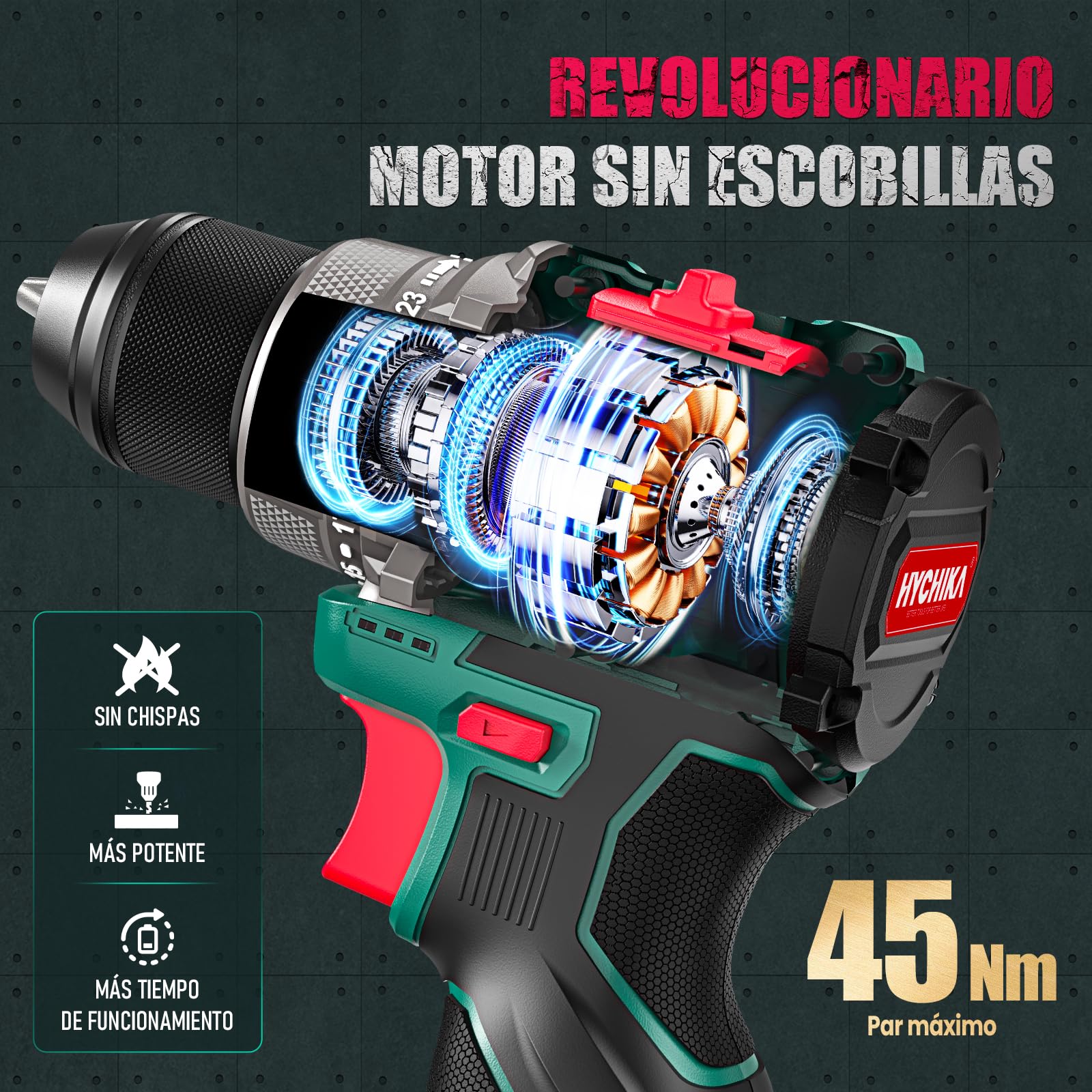 HYCHIKA Taladro atornillador batería, motor sin escobillas, 45Nm Máx, con 23+1 de par de giro, 2 velocidades, 1500mAh 53 accesorios Adecuado para atornillar, taladrar en madera, plástico, metal