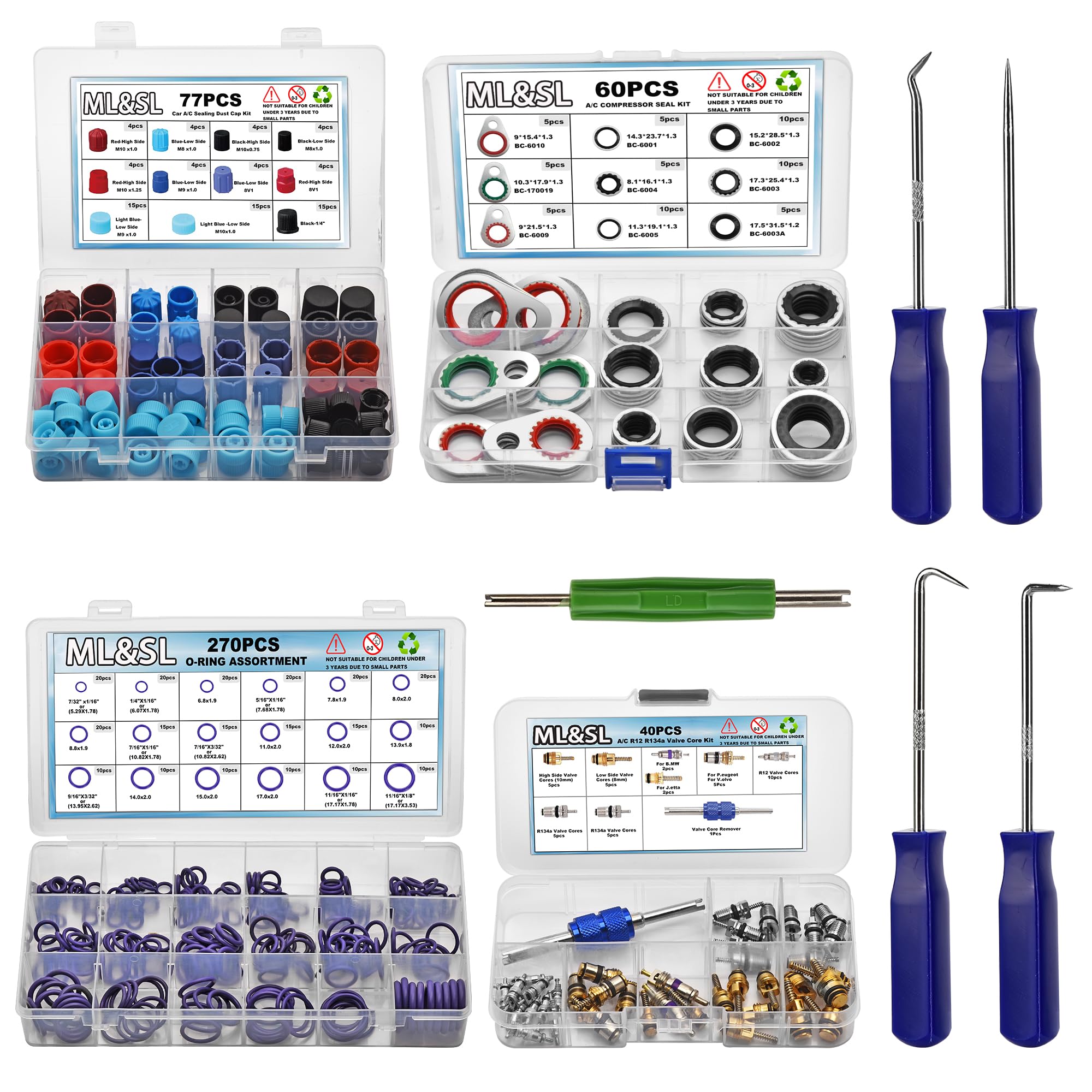 5 Set Car A/C Repair Kit, 270PCS O-Ring Seal+40PCS Car Air Conditioner Valve Core+Remover & Install Tool+77PCS Dust Caps+ 60PCS Compressor Gasket Seal