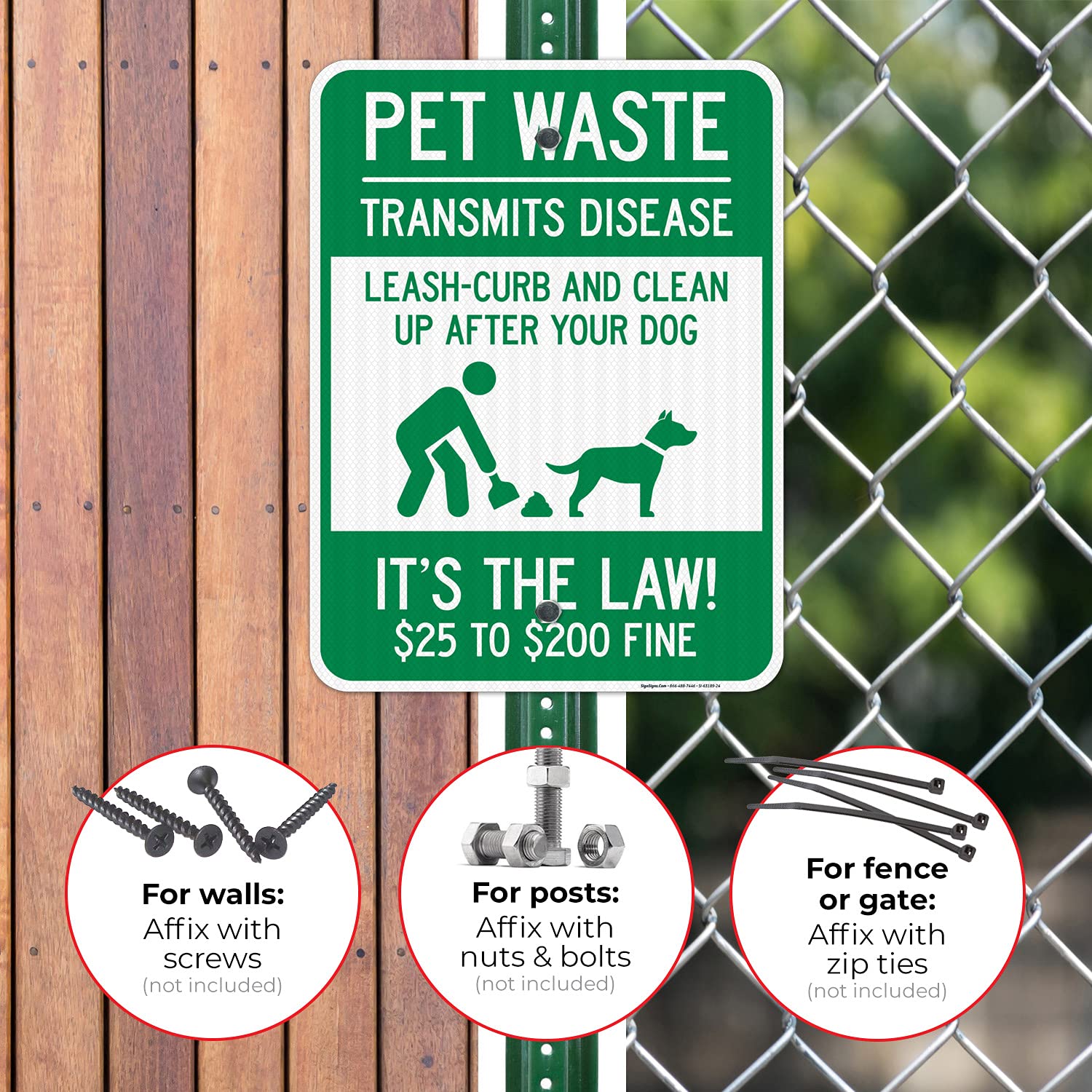 Pet Waste Leash-Curb and Clean Up After Your Dog It's The Law $25 to $200 Fine Sign, 18x24 Inches, 3M EGP Reflective .080 Aluminum, Fade Resistant, Made in USA
