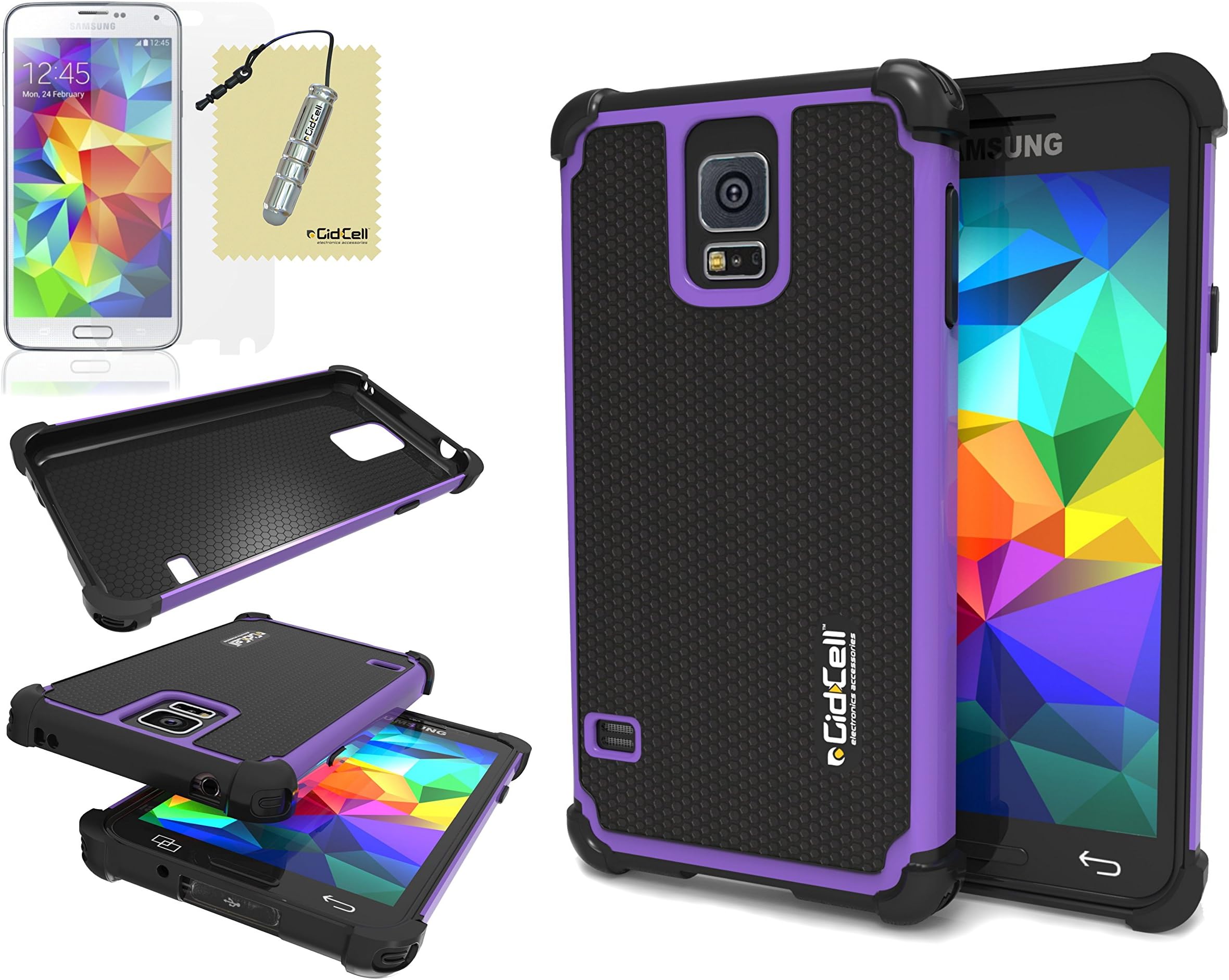 Galaxy S5 Case, Cover - Double Armor Two Layer Hybrid With Soft Silicone Rubber Inside And Detachable Hard Polycarbonate (PC) Plastic Outside Shell, Shockproof, Heavy Duty, Low Profile, Attractive Appearance, by GidCell - [Includes: 1 Case, 1 Screen Protector, 1 Stylus Pen, 1 Cleaning Cloth] - [Purple]