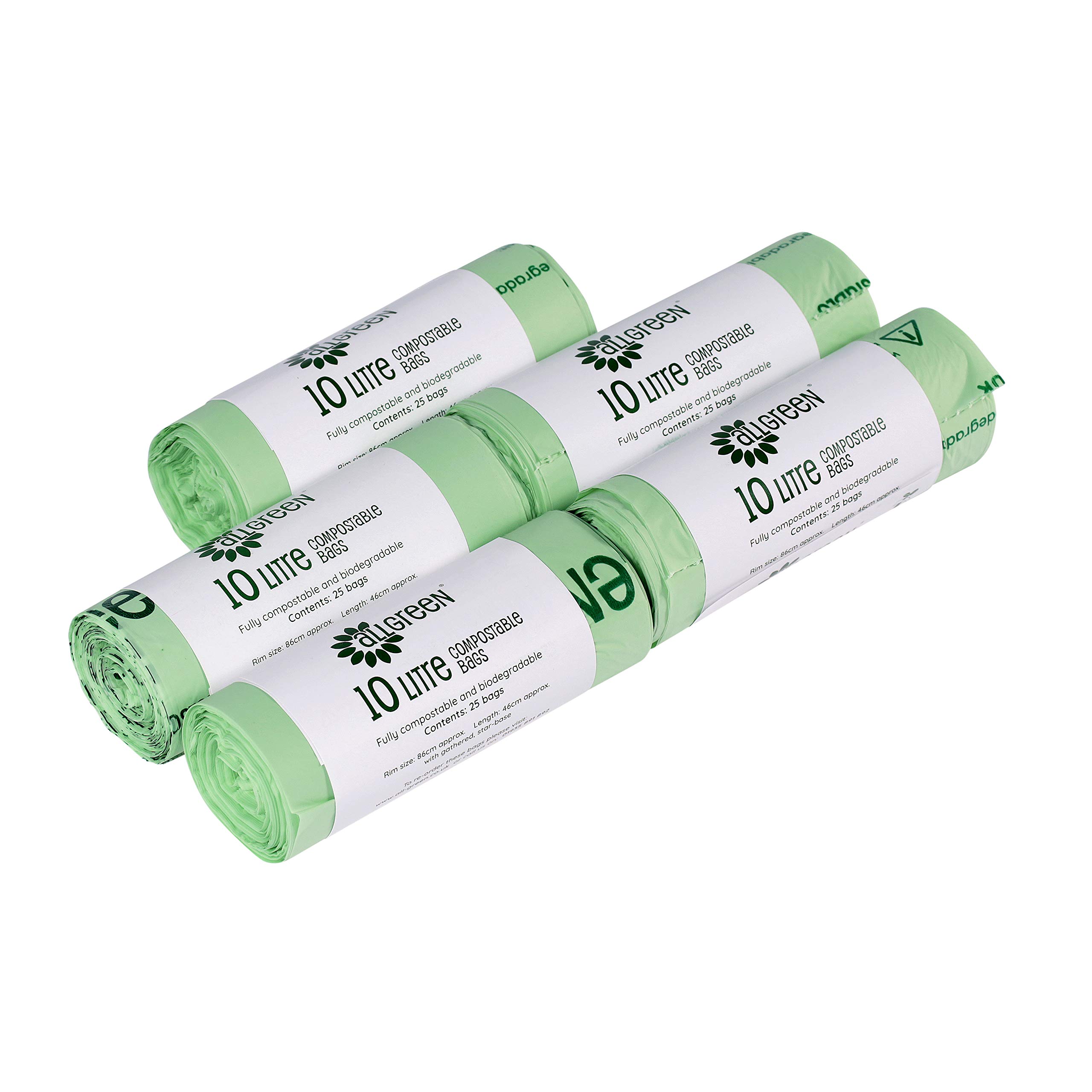 10 Litre x 125 All-Green bags - Compostable Kitchen Caddy Liner - Food Waste Bin Liners - EN 13432 - All-Green Bags with Composting Guide