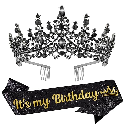 VELSCRUN Tiara de cumpleaños de cristal negro para mujeres y niñas, banda "It's My Birthday", corona de princesa con peines para decoración de