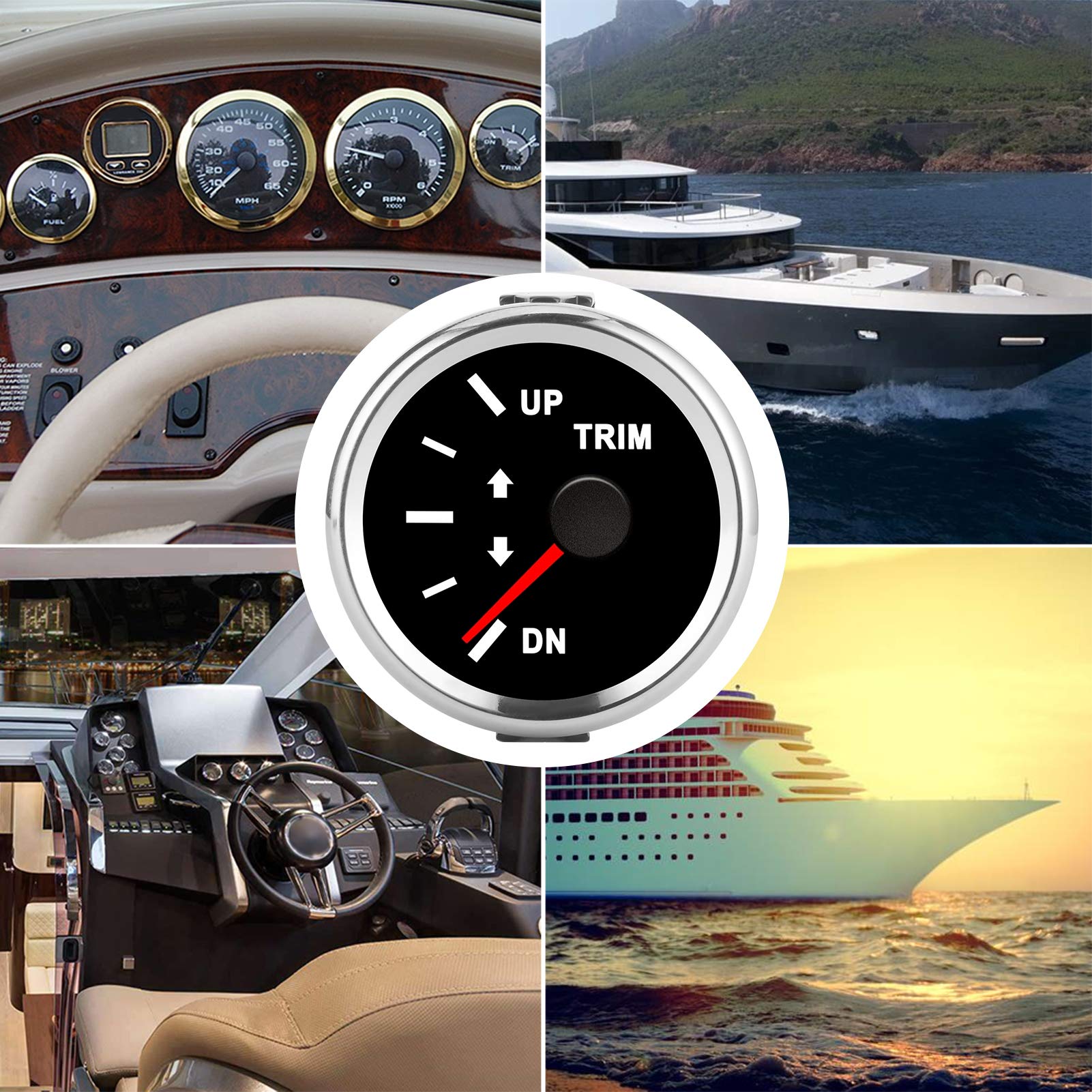 Boat Trim Balance, IP67 Gauge Meter with Red Backlight 52mm Ship Yacht Marine(Black Dial Silver Cover)