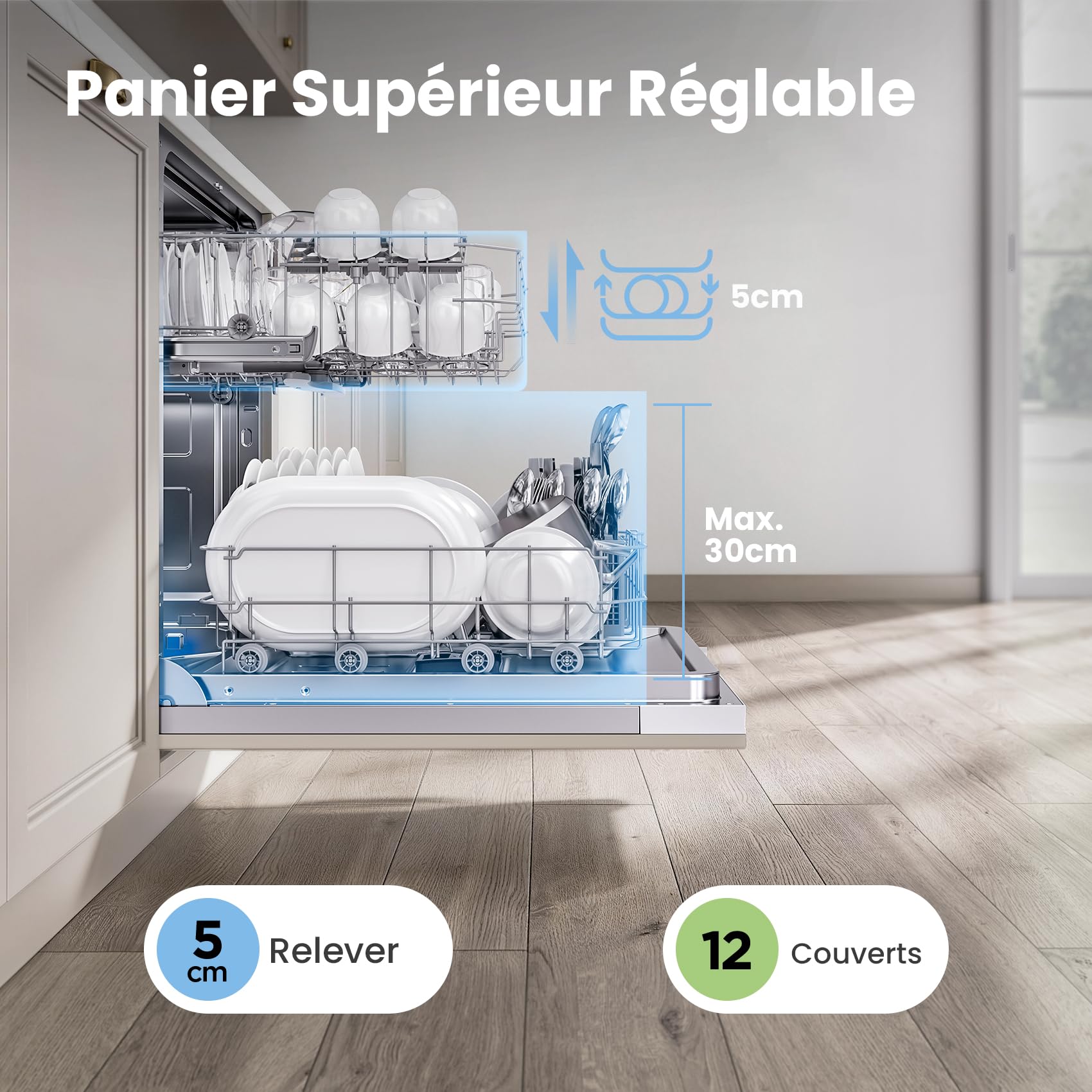 COMFEE' CDWPB1215PB-EU Built-In Dishwasher, 12 Cutters, 60 cm, WiFi | IoT Function, Cloud Wash, Quick Wash 30 min, Extra Dry, Delayed Start, 47 dB, White