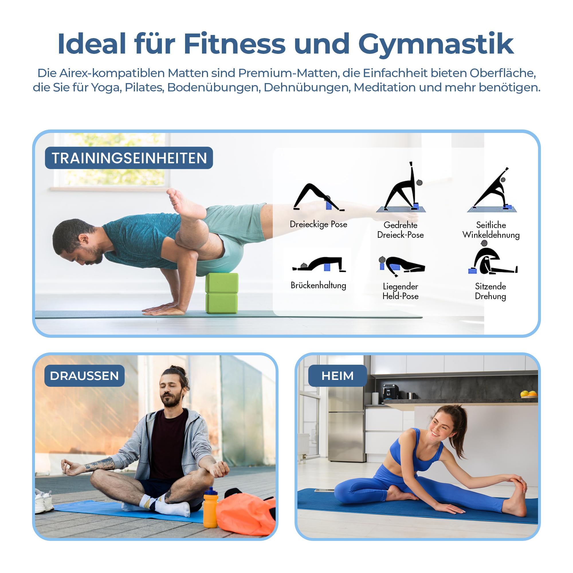 Habib Gruppe Set di 2 tappetini da yoga con bastoncini da yoga – Tappetino antiscivolo imbottito per fitness con cintura da yoga e borsa – Set di 2 blocchi da yoga per pilates, meditazione,