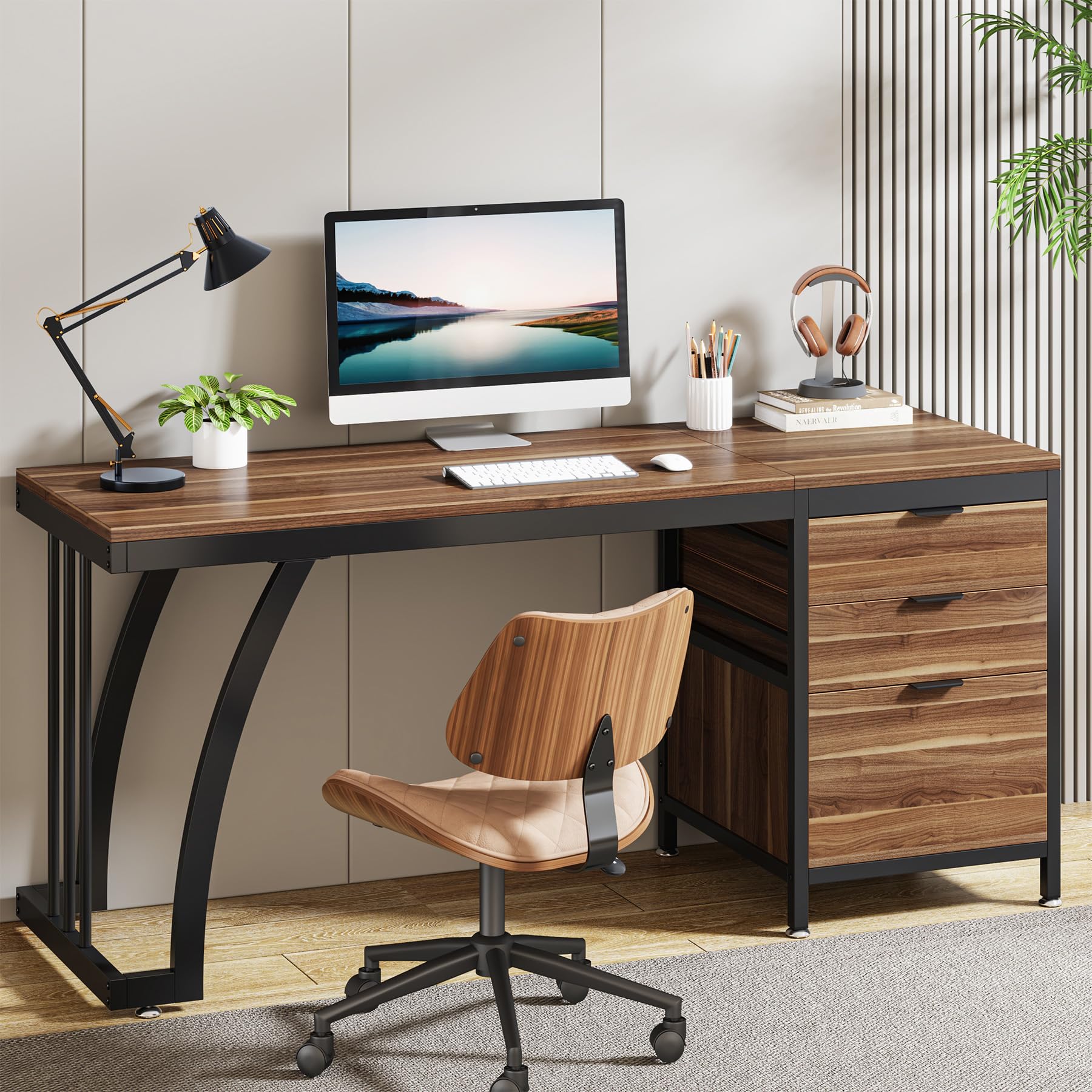 Tribesigns Escritorio para computadora con 3 cajones, escritorio de PC de 59 pulgadas con cajones reversibles, mesa de estudio industrial con almacenamiento de archivos para oficina en casa, nogal