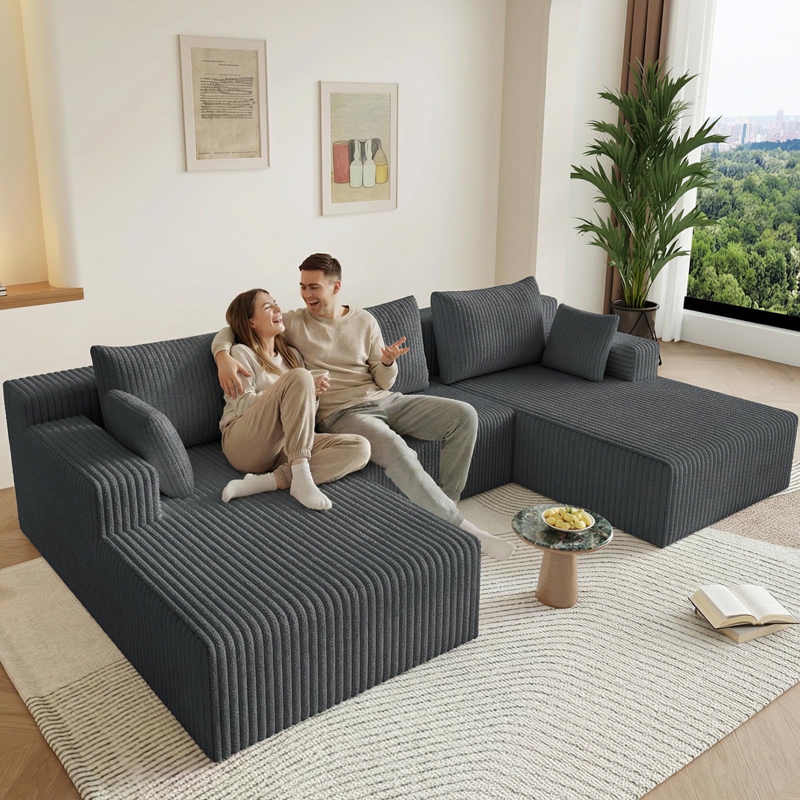 107" U-Shape Cloud Couch, Modern Modular Sectional U-Shape Sofa, Corduroy Boneless Couch Upholstered Couches Deep Seat Sleeper Chaise Longue for Living Room, No Assembly Required,Dark Gray