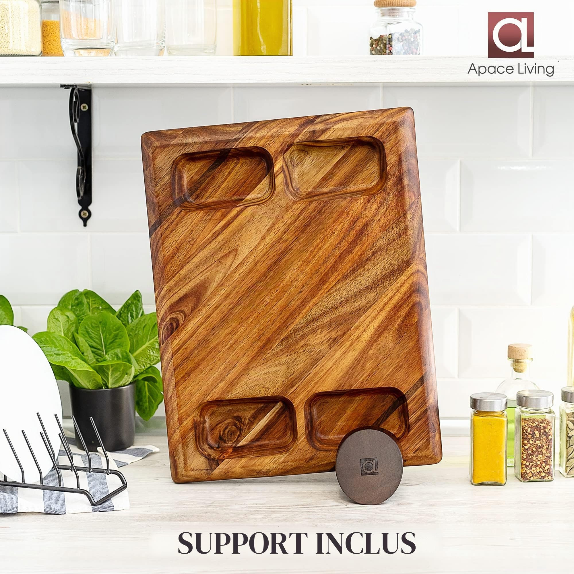 Planche à Découper Bois Contour - Grande Planche a Decouper en Acacia en Bois Durable, avec rainure pour les liquides - Peut être utilisée comme planche de service, 4 compartiments - 43 x 33 x 3,8