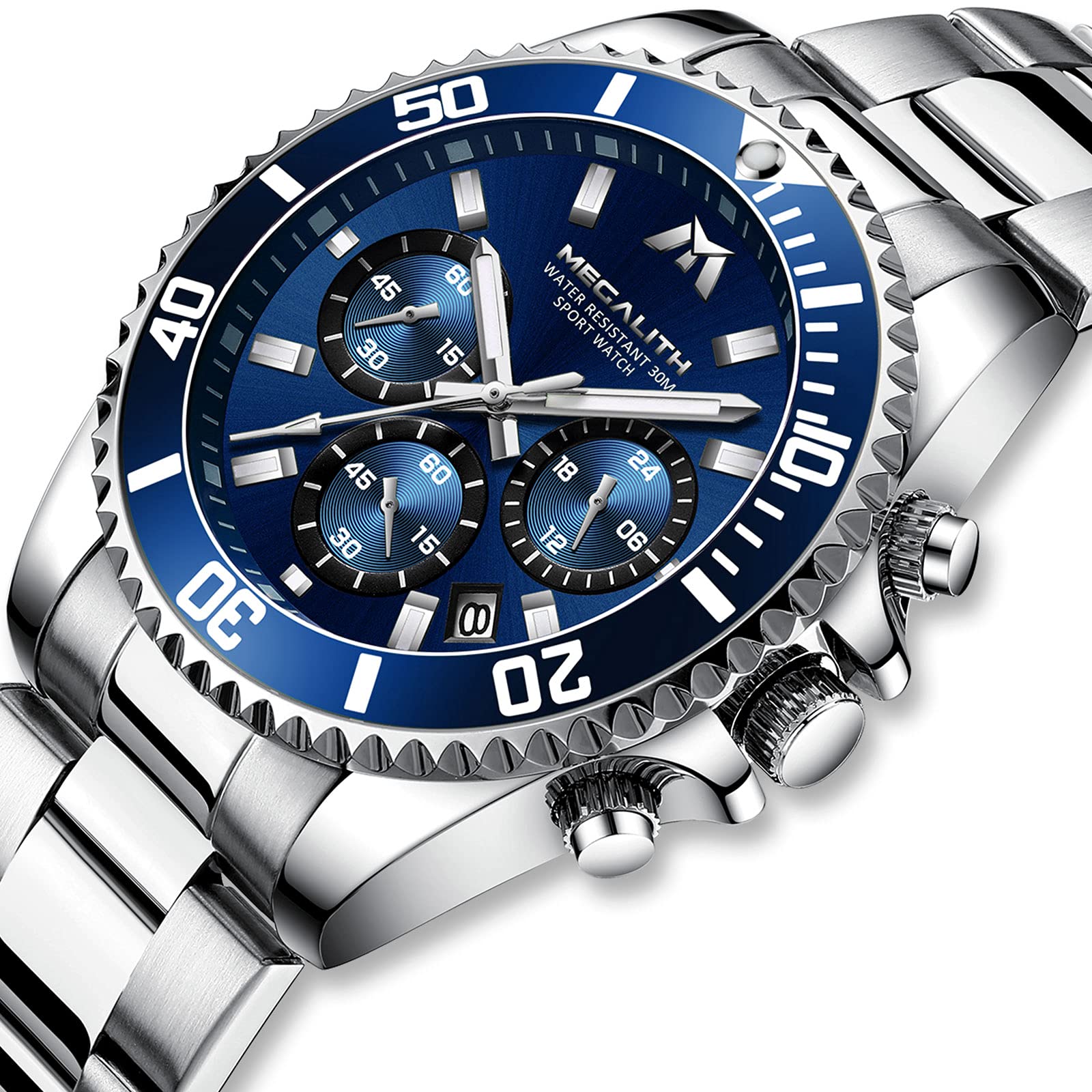 MEGALITH Uhren Herren Chronograph Edelstahl: Armbanduhr Herren Groß mit Datum Leuchtend Wasserdicht - Designer Herrenuhr für Geschäftsleute Alltagskleidung Geschenk