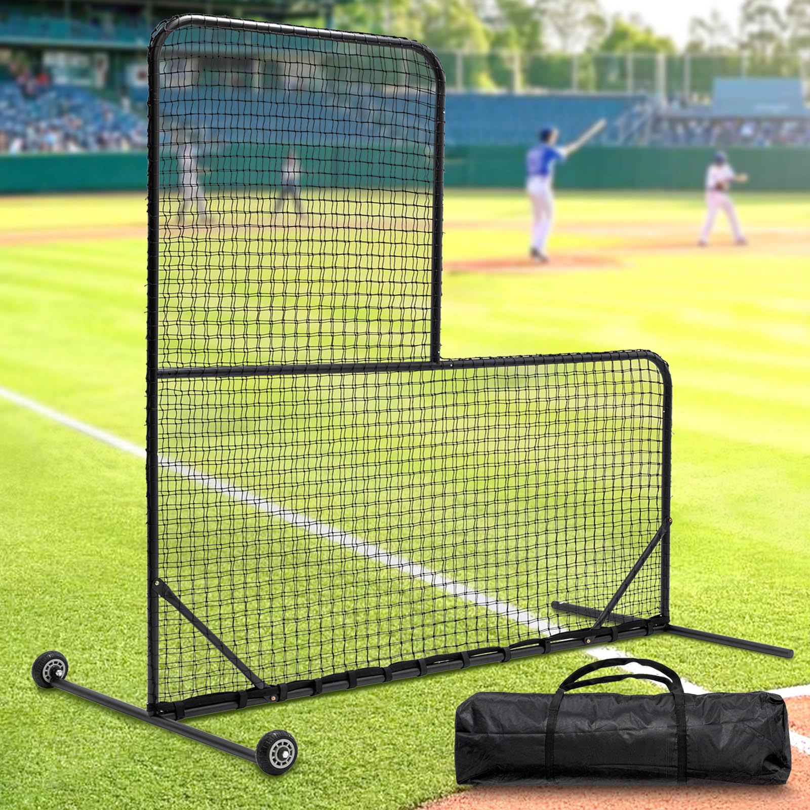 L Screen Baseball Net for Batting Cage, 7x7 ft, Baseball Pitching Net with Portable Wheels, Body Protector for Back Drive Lines Beisbol